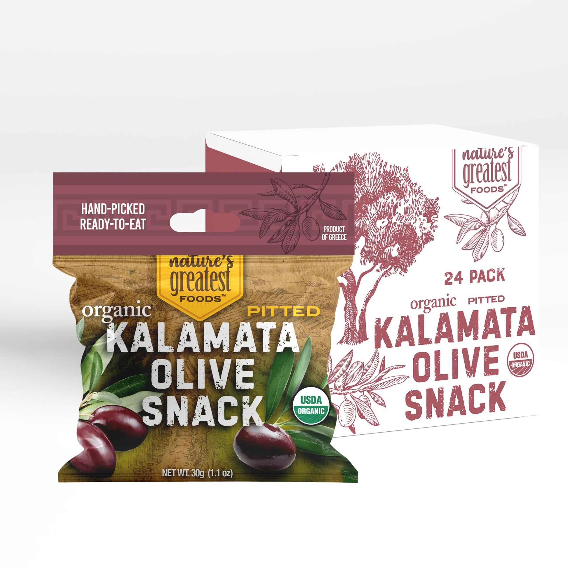 Organic Kalamata Pitted Olive Snack By Nature’S Greatest Foods – 1.1 Oz – Ready To Eat, Freshly Seasoned, Low Calorie & Nutritious, Gluten Free, Kosher, Product Of Greece (Pack Of 24)