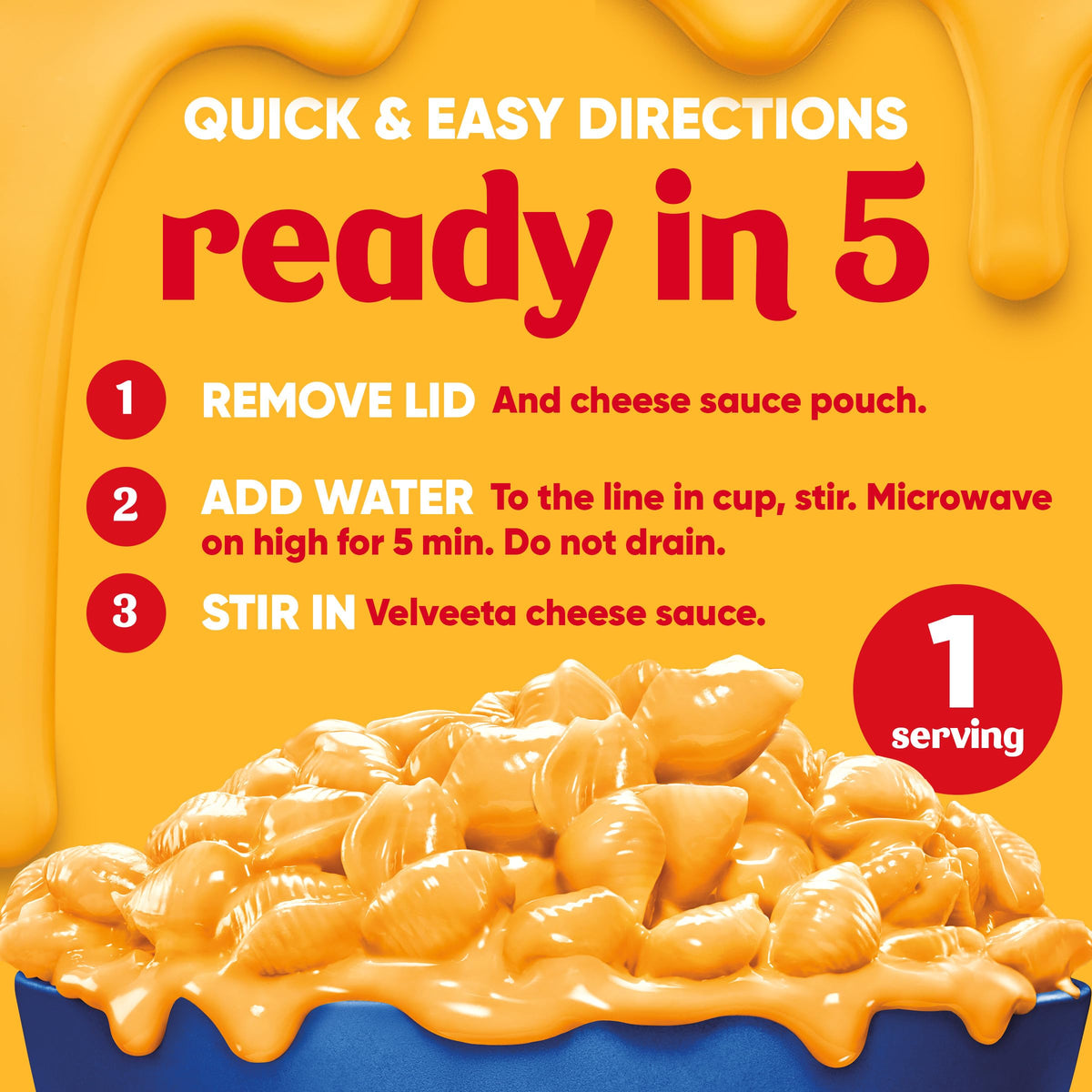 Velveeta Shells & Cheese Original Shell Pasta with 2X the Creamy Shells Big Bowl Microwave Meal, 5 oz Tray