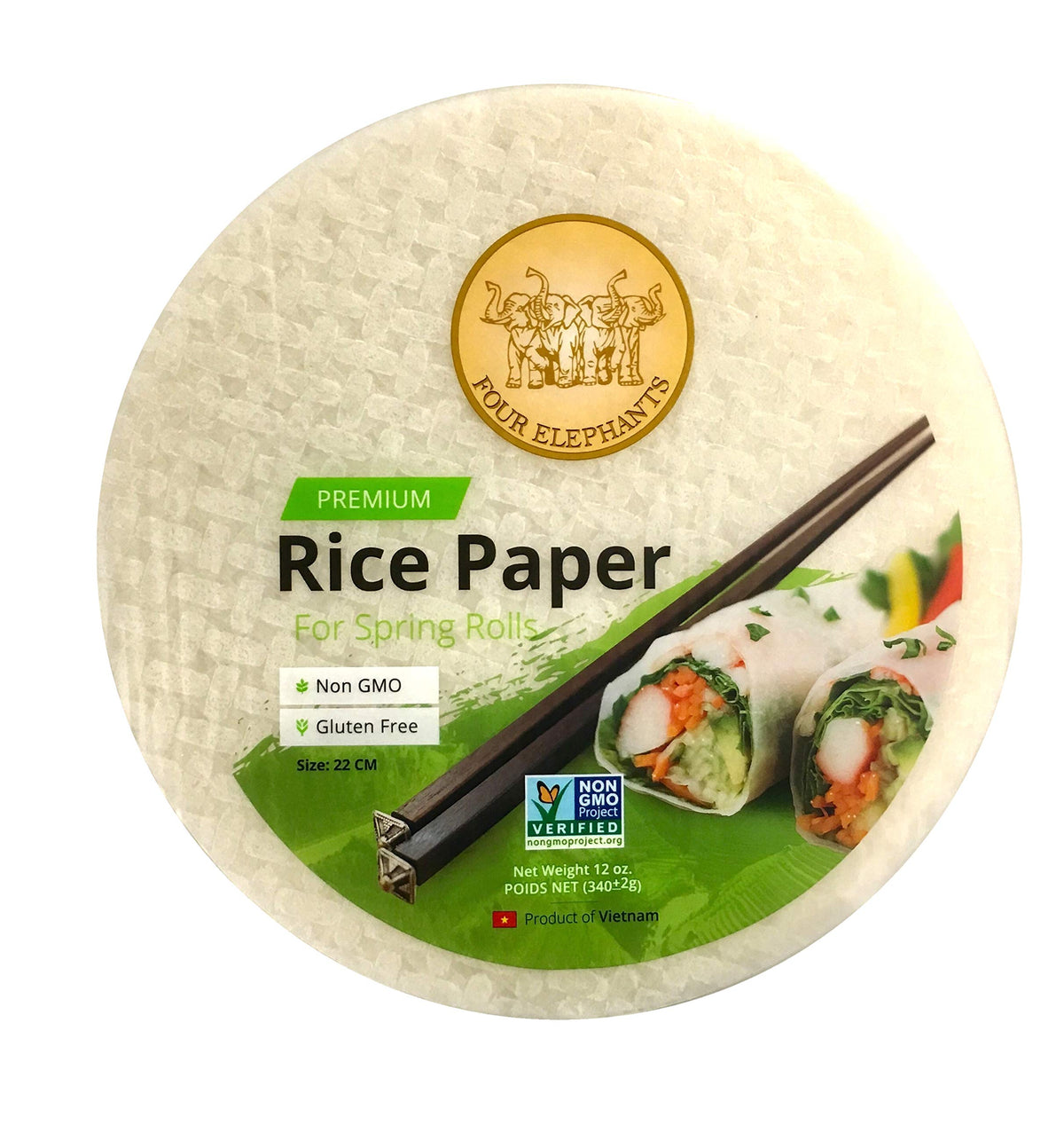 Four Elephants 22CM Round Rice Paper Non-GMO, Premium Spring Roll, 1 Count, Restaurant Quality