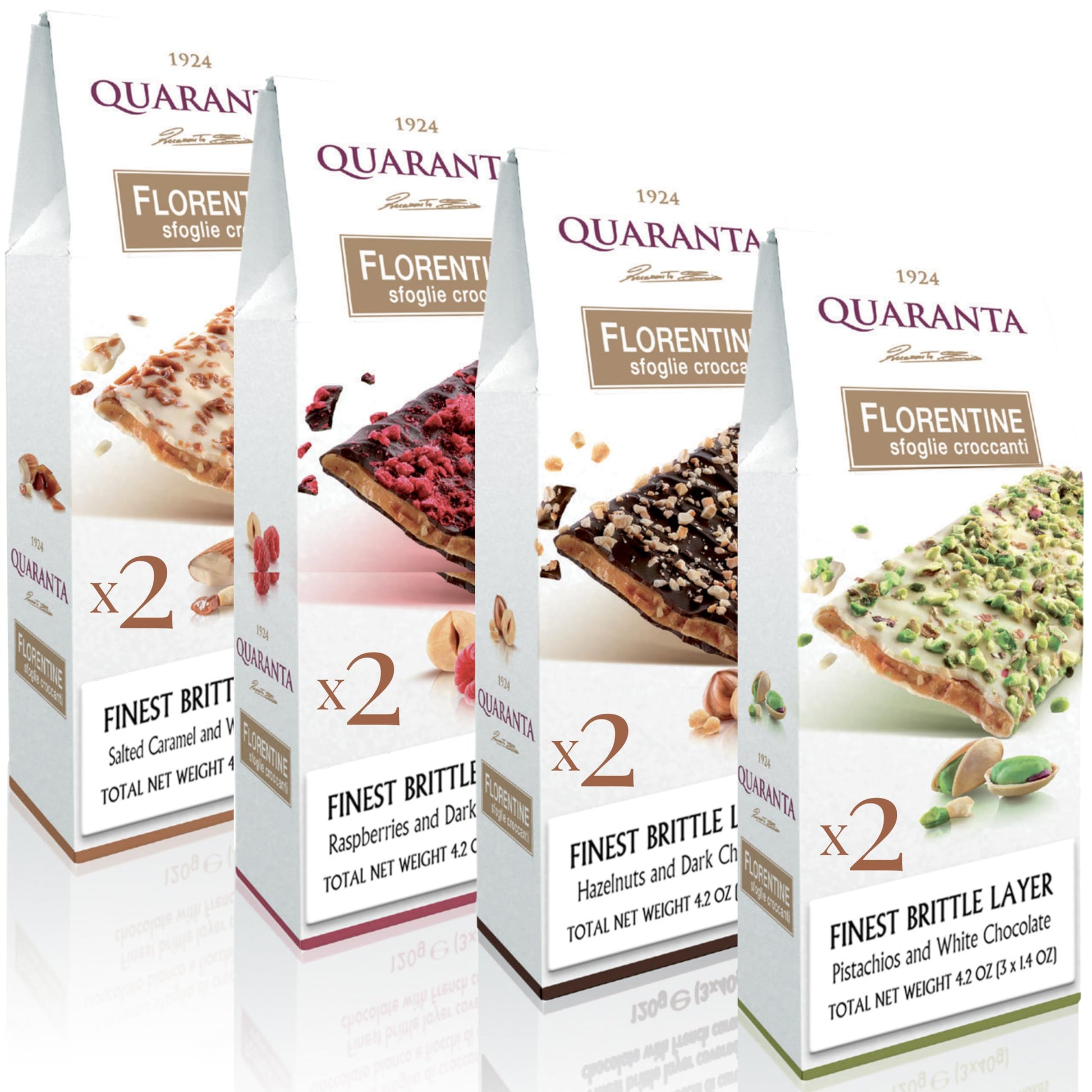 Quaranta Florentine Brittle 8 Pack Variety - Italian Confectionery with Dark & White Chocolate - Raspberries Crumble, French Car