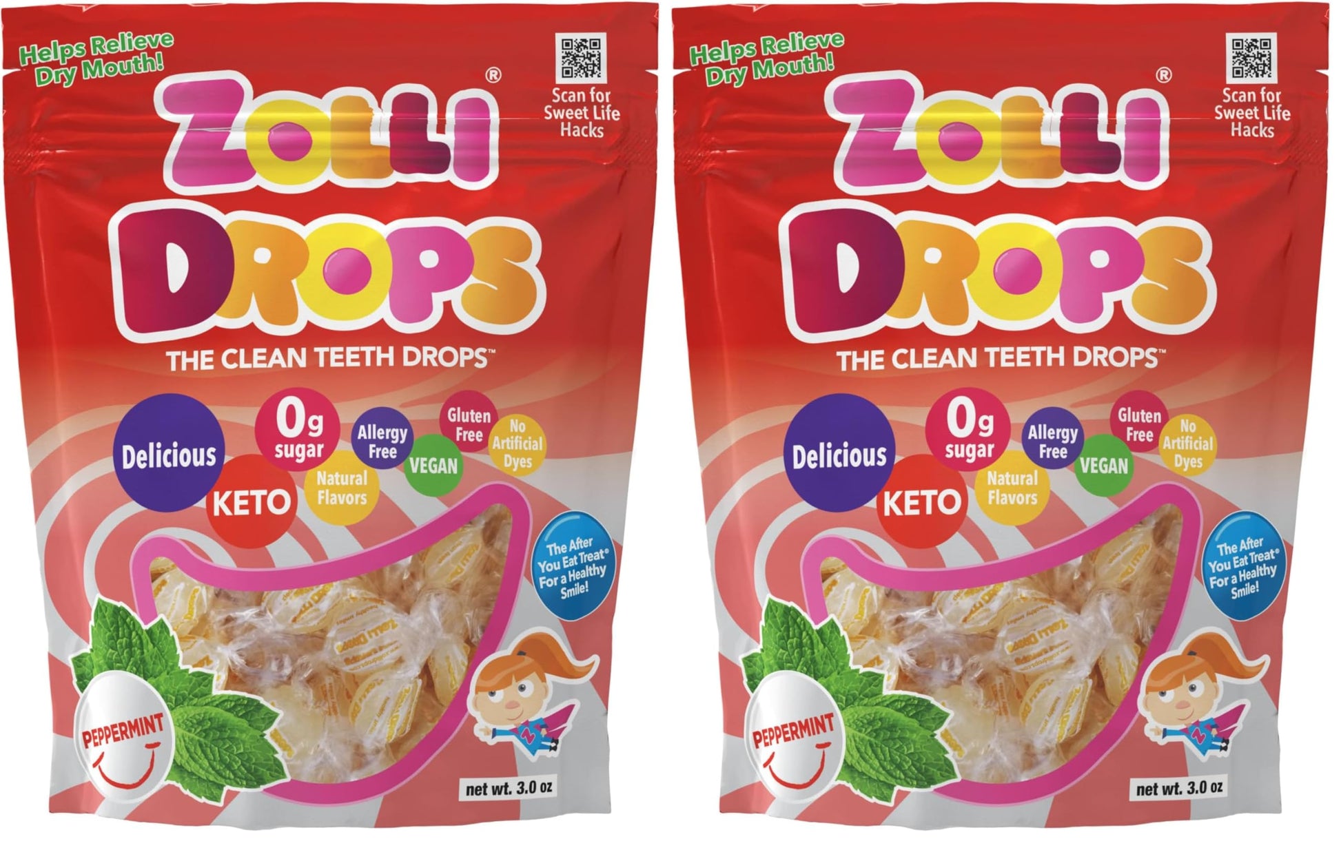 Zollipops Drops Peppermint Vegan 3oz - Dental-Friendly Treats with Xylitol for Guilt-Free Indulgence and Fresh Breath (Pack of 2