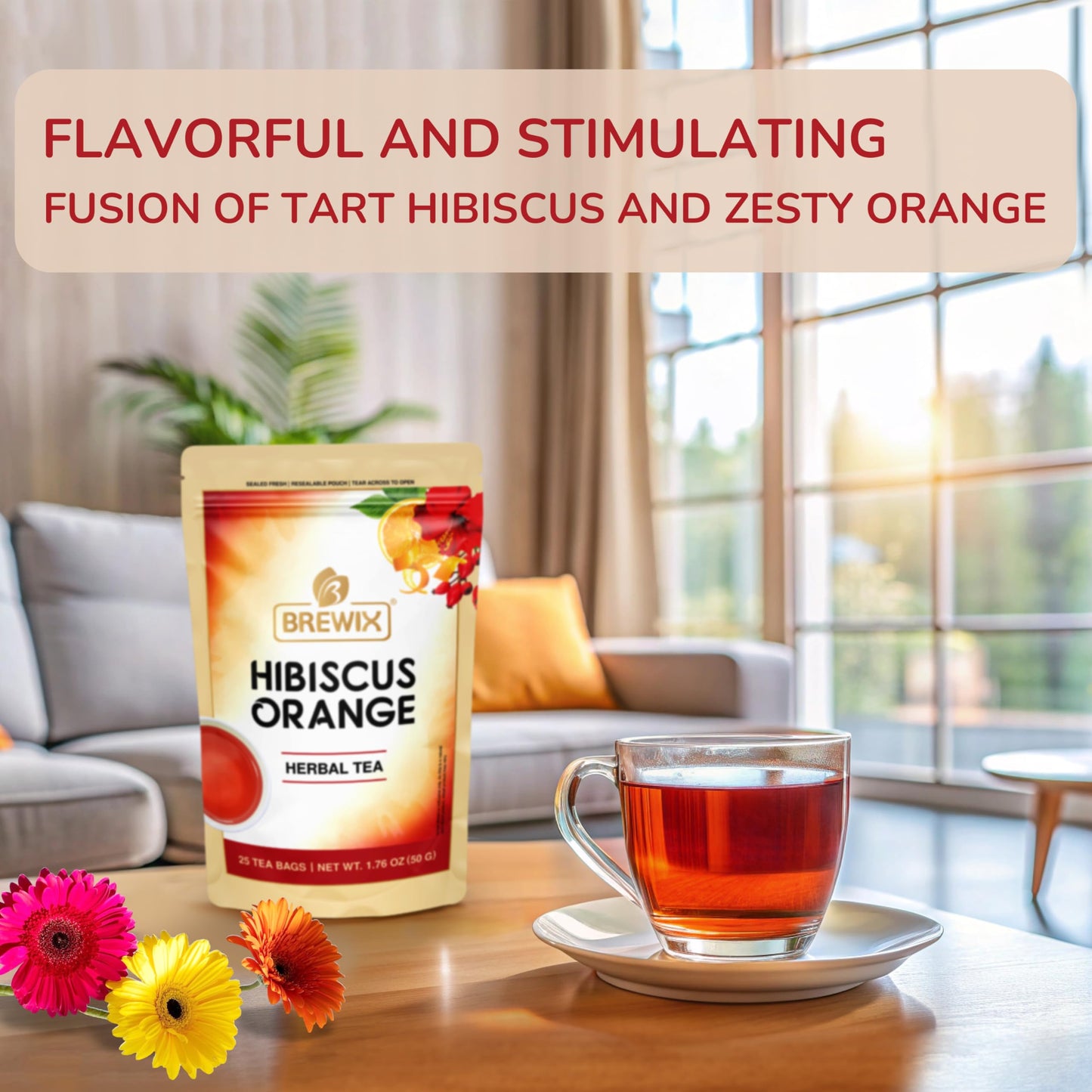 BREWIX Hibiscus Orange Tea Bags - Caffeine-Free Herbal Tea, 25 Plant-Based Bags