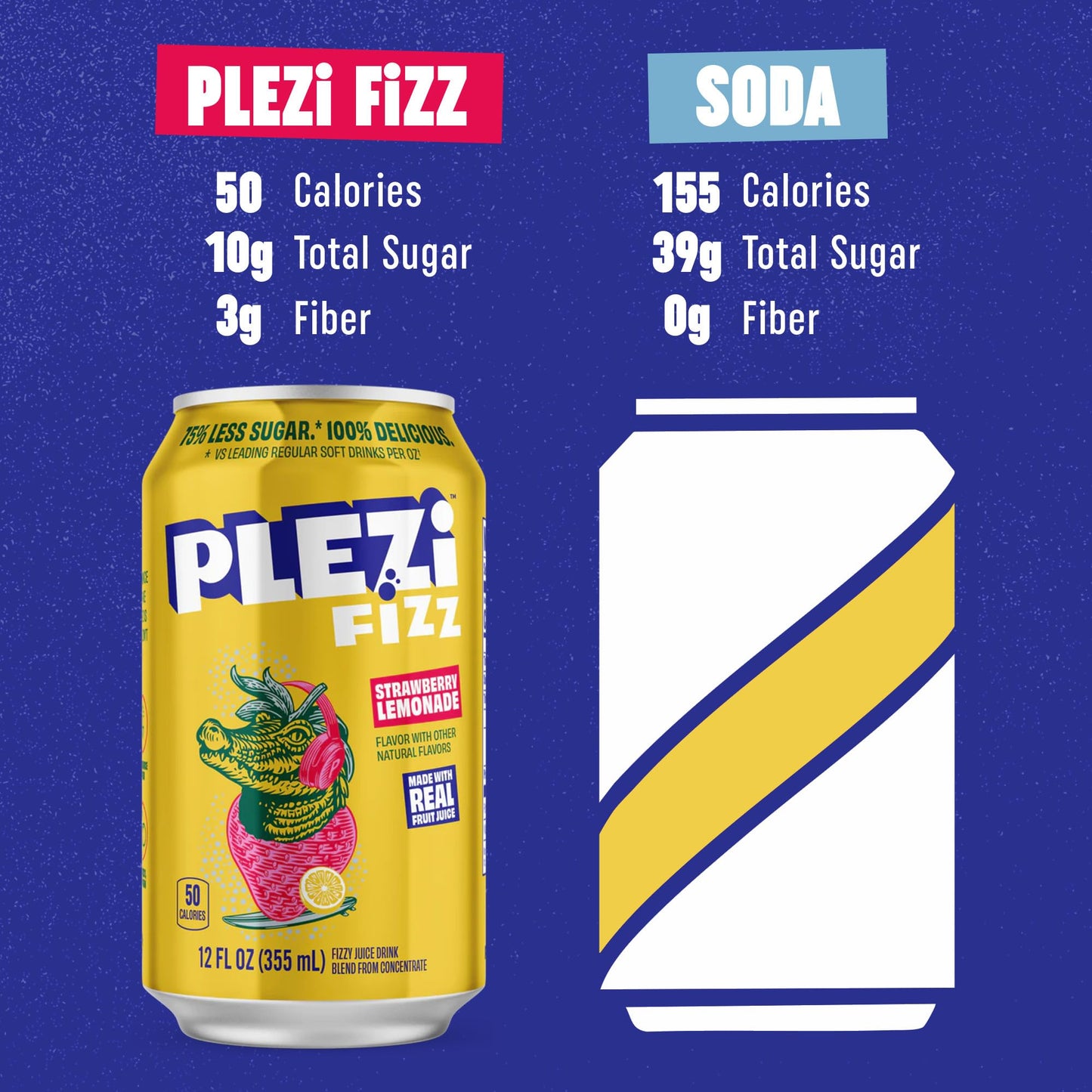 PLEZi FiZZ Strawberry Lemonade Sparkling Juice - Healthy Soda Alternative with Real Fruit Juice, No Added Sugar - Low Sugar Spar