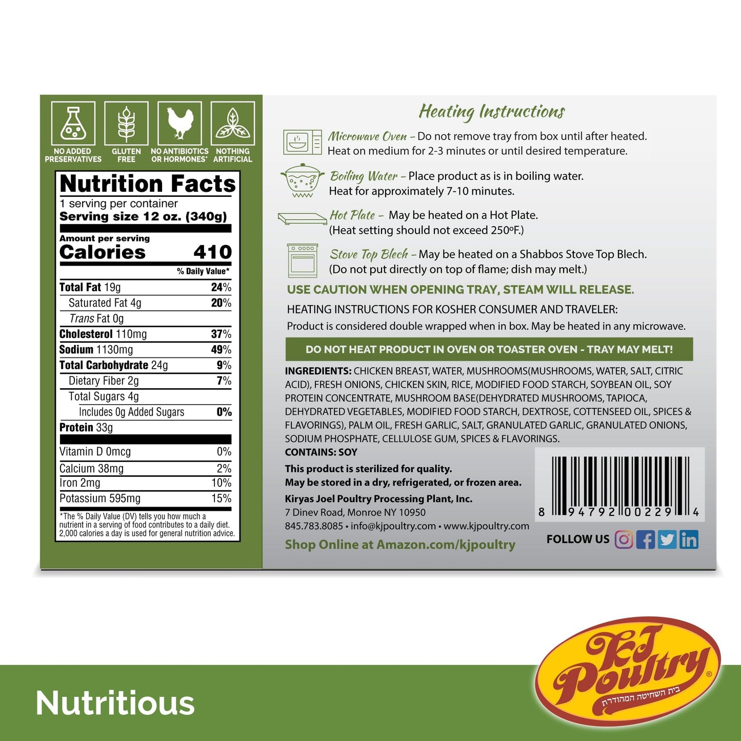 Kj Poultry Kosher Ready Meals - Stuffed Chicken Breast Rice, Mre Meat Meals Ready To Eat, Gluten Free, Halal, (3 Pack) Prepared Entree Fully Cooked, Shelf Stable Microwave Dinner, Travel Military
