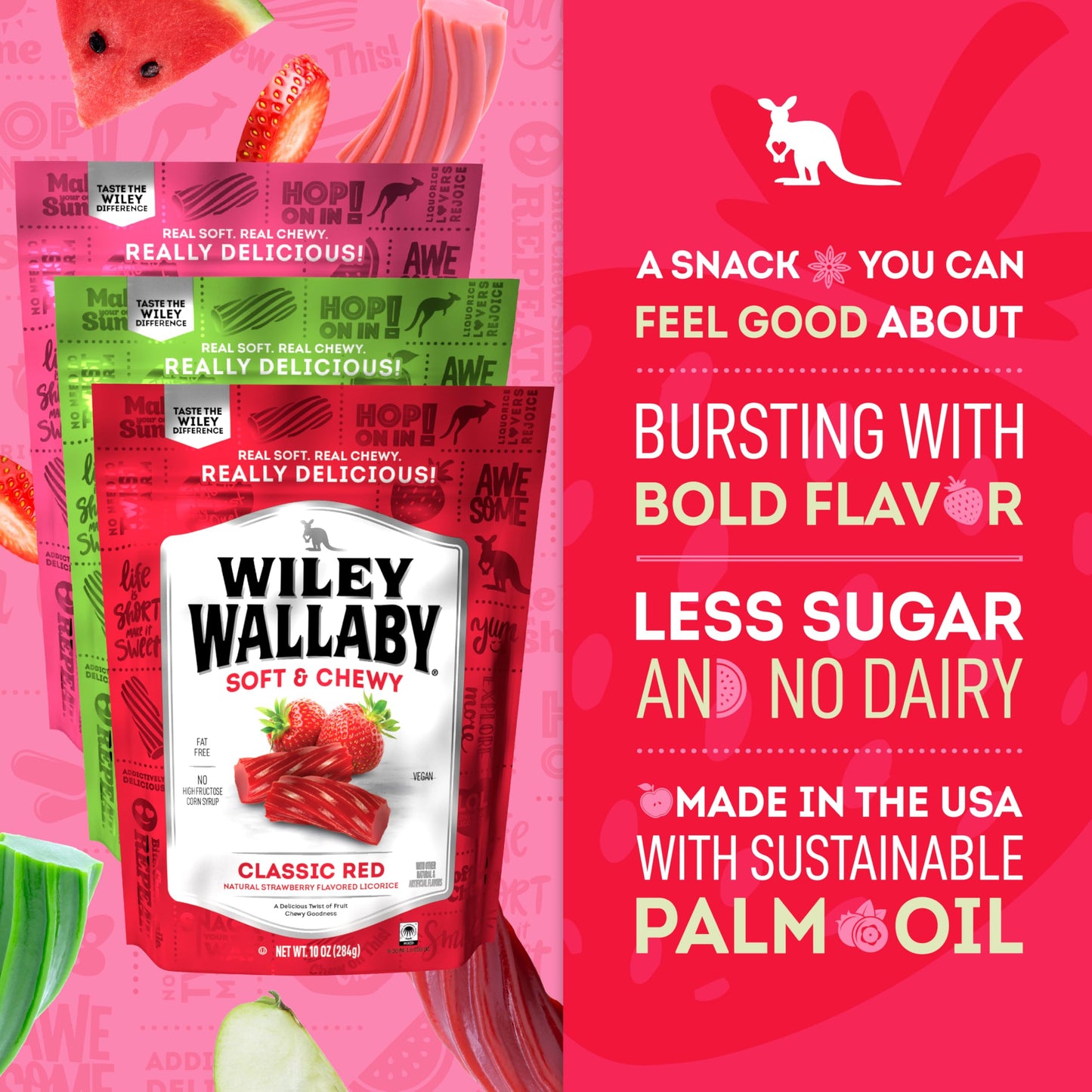 Wiley Wallaby Licorice 10 Ounce Variety Pack - Red, Watermelon & Green Apple Classic Gourmet Australian Style Soft & Chewy Licor