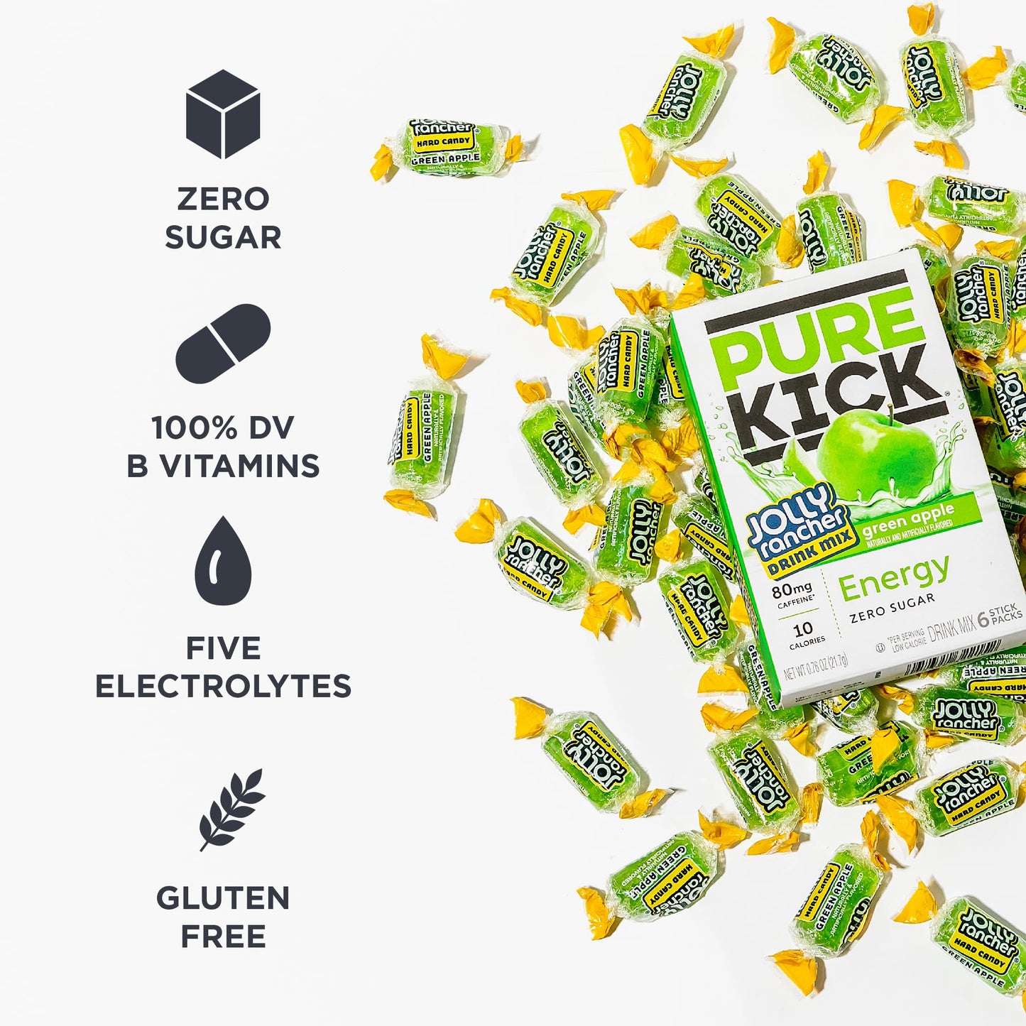 PURE KICK Energy Singles To Go Drink Mix, Jolly Rancher Green Apple, 72 Total Packets (12 Boxes of 6 Packets Each)