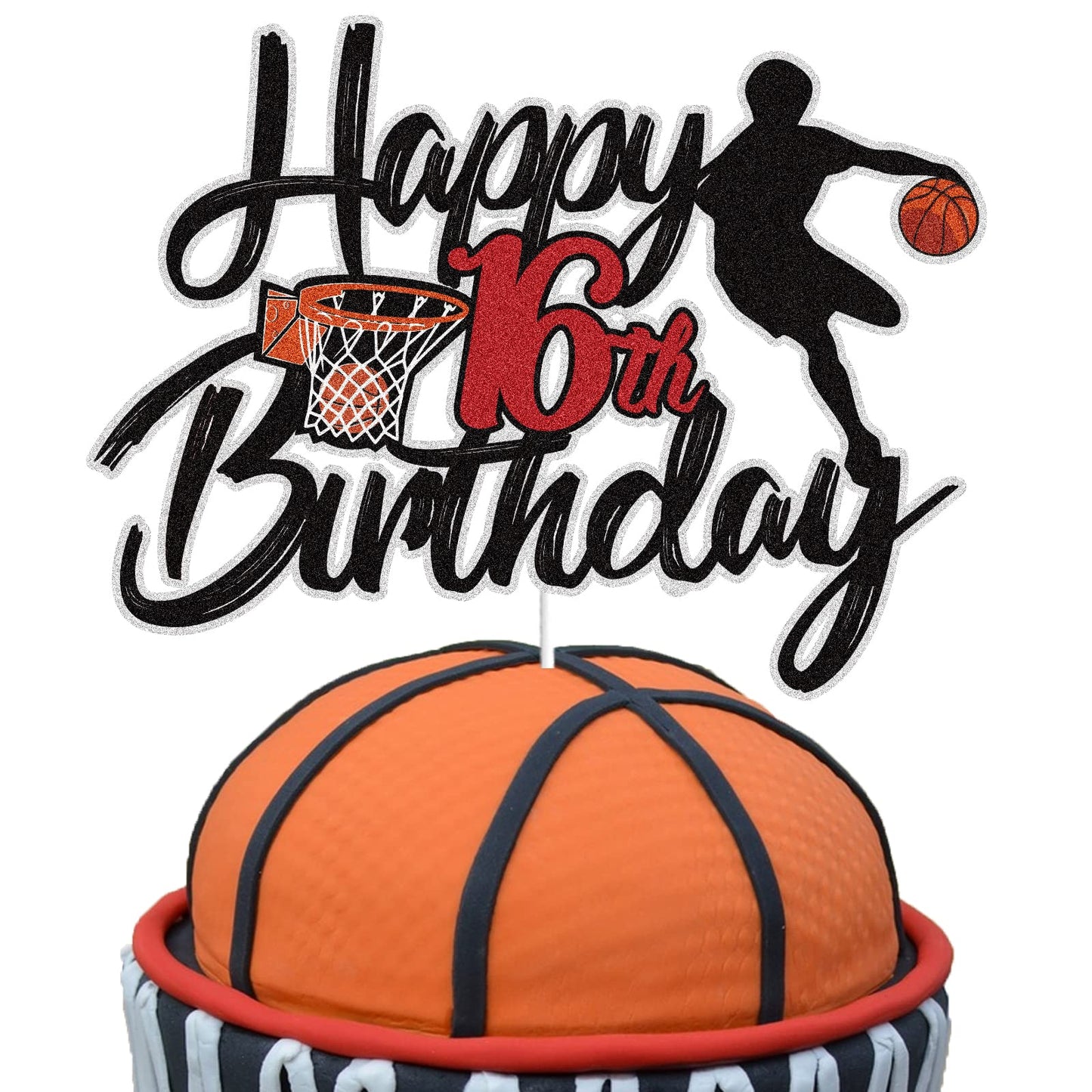 LINGBOOM Basketball Cake Topper - 16th Birthday Decoration for Boys, Sport Theme, Model C-16th Basketball-Black
