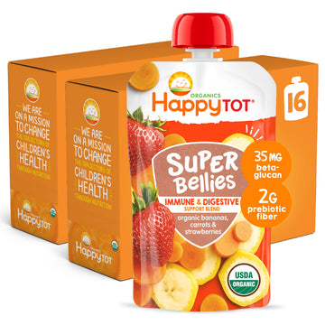 Happytot Organics Stage 4 Baby Food Pouches, Gluten Free, Vegan Snack, Super Bellies, Fruit & Veggie Puree, Banana, Carrot & Strawberry 4 Ounce (Pack Of 16)
