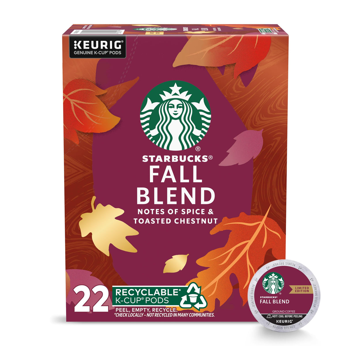 Starbucks K-Cup Coffee Pods  Fall Blend Medium Roast Coffee For Keurig Makers  100% Arabica  Special Release  1 Box (22 Pods)