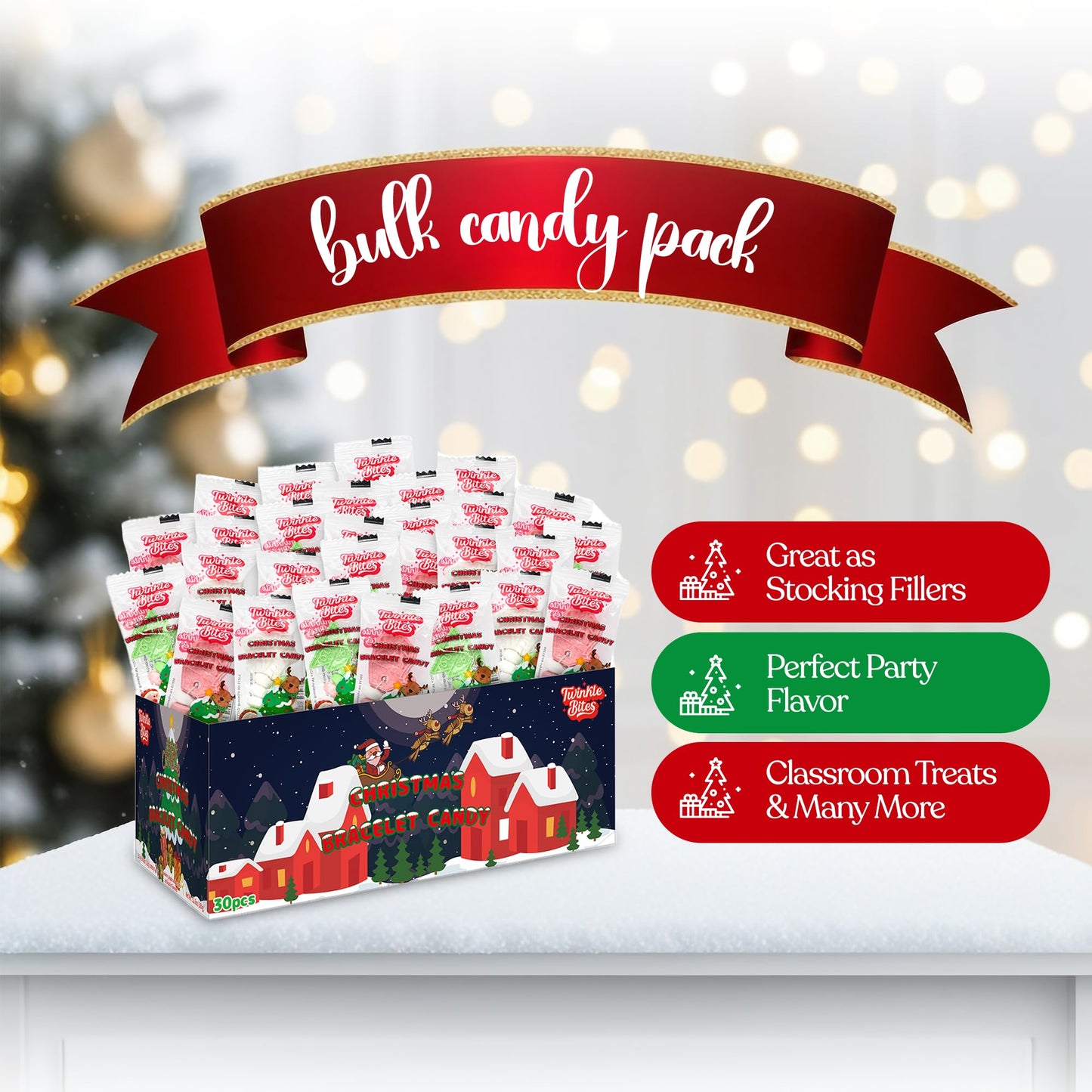 30 Pack Christmas Candy Bracelets - Individually Wrapped Holiday Themed Designs & Delicious Flavor -Bulk Christmas Candy Use For Stocking Stuffers  Party Favor  Classroom & Office