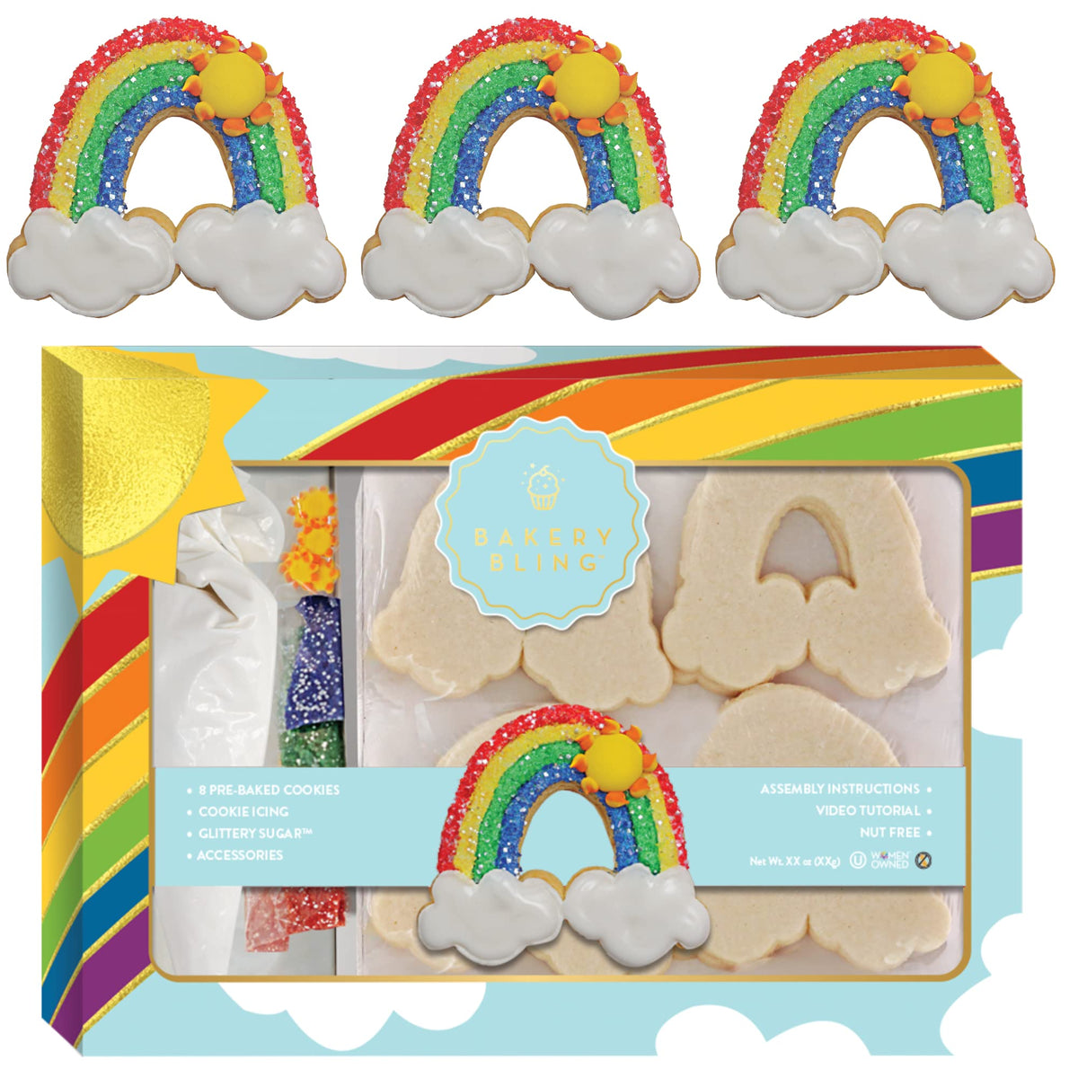 Cookie Decorating Kit - Rainbow Designer Cookie Kit - 8 Pre-Baked Rainbow Cookies, Cookie Icing, Edible Decorations and Glittery