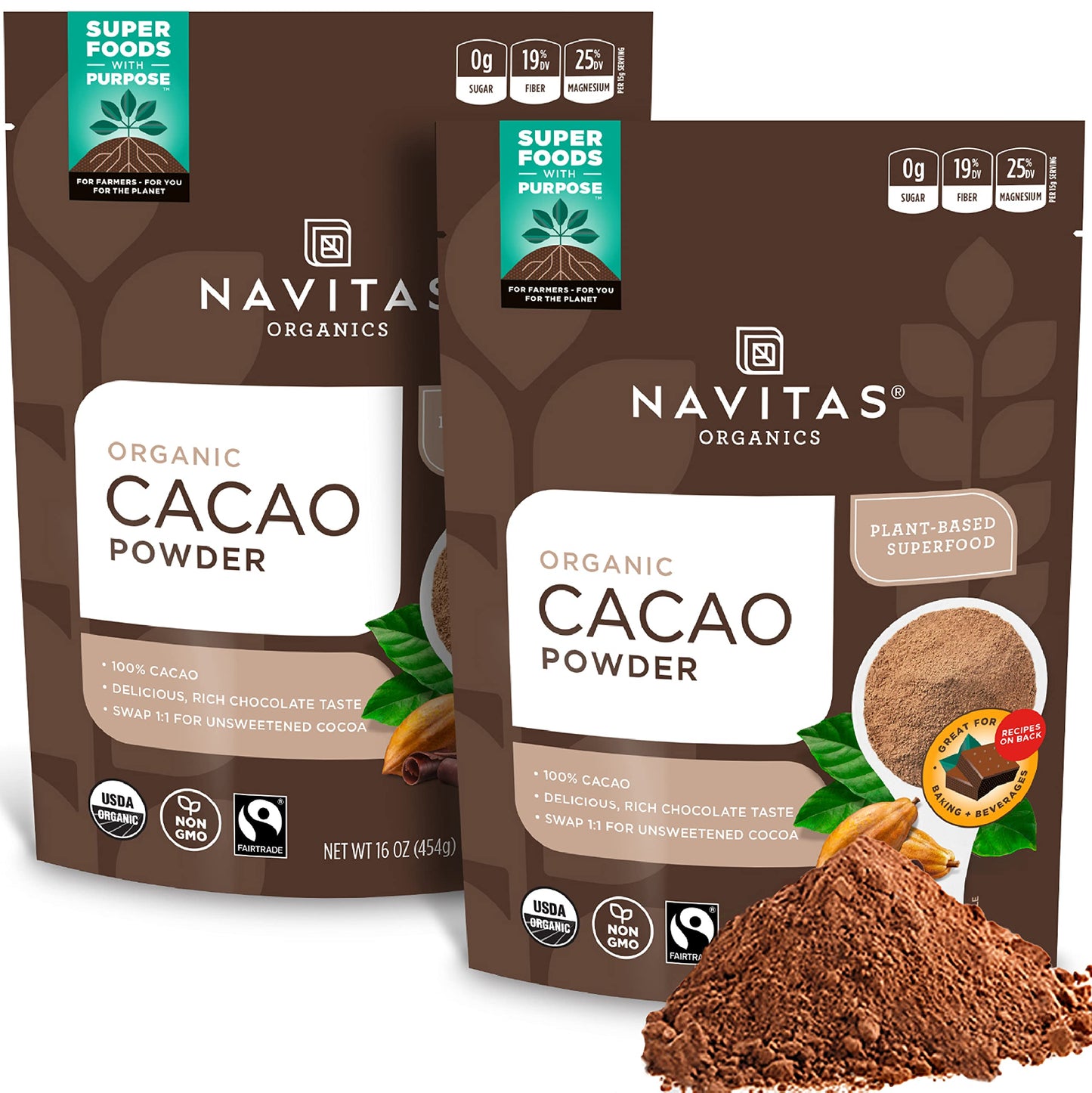 Navitas Organics Cacao Powder, Organic, Non-GMO, Fair Trade, 16 oz. Bags (Pack of 2), Model 19-002