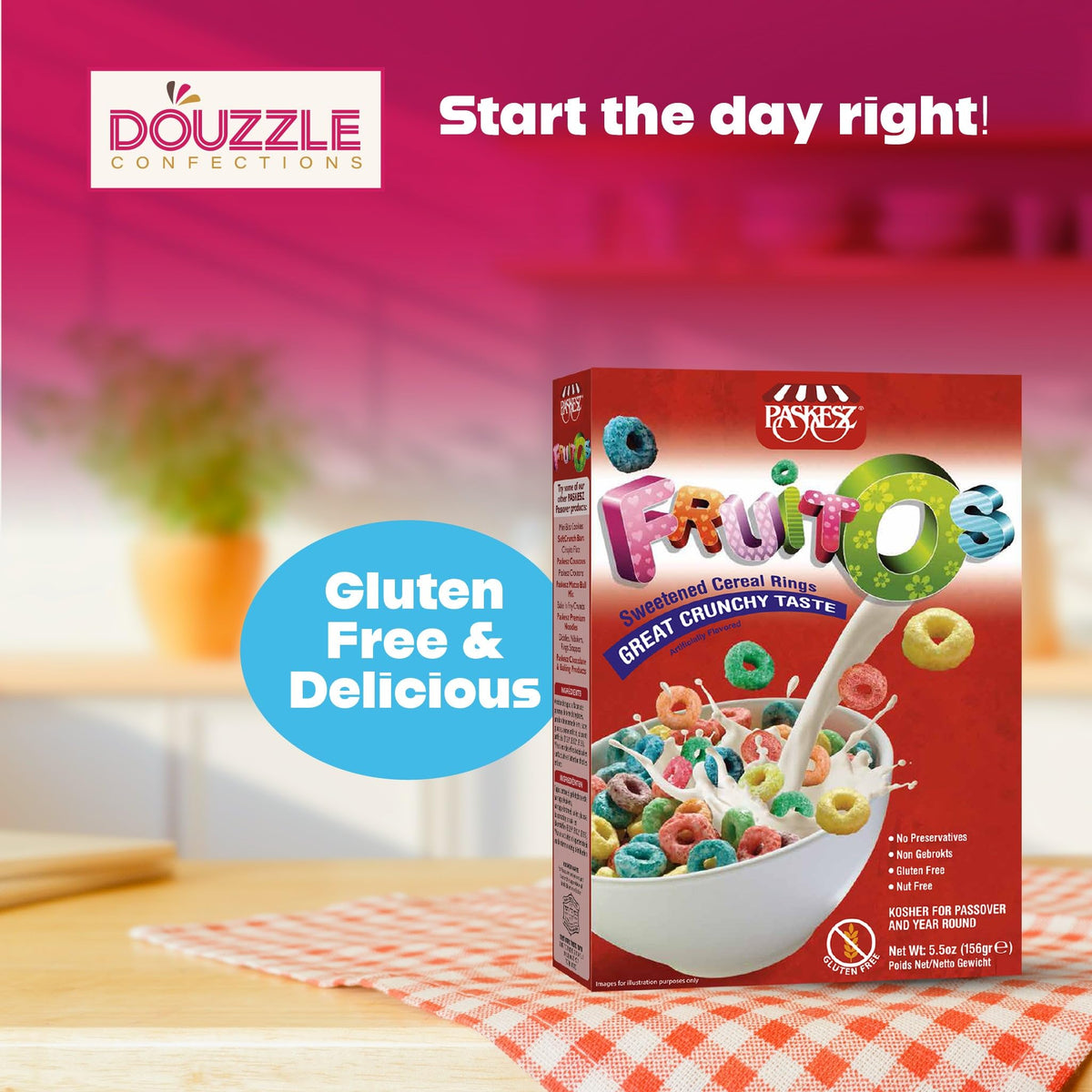 Douzzle Gluten Free Fruitos Breakfast Cereal, Sweetened Cereal Rings (Pack Of 1) Non Gebrokts Kosher For Passover Food Snacks -