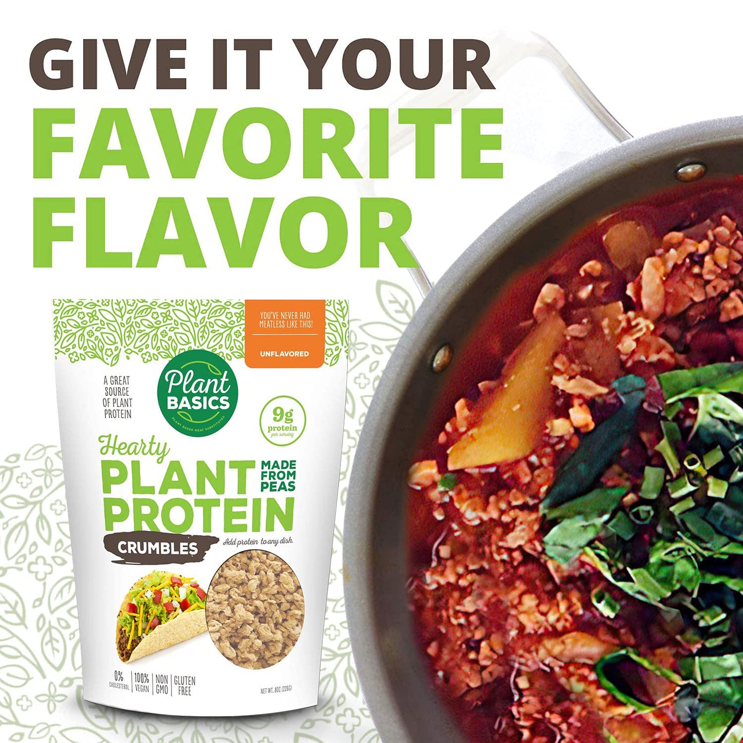 Plant Basics - Hearty Plant Protein - Unflavored Crumbles, 8 oz, Made from Peas, Non-GMO, Gluten Free, Low Fat, Low Sodium, Vega