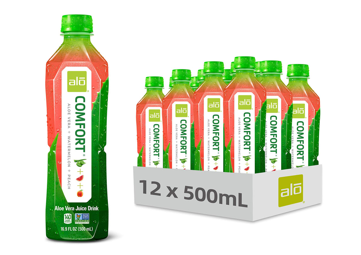 Alo Aloe Vera Juice Drink | Comfort - Watermelon + Peach | 16.9 Fl Oz, Pack Of 12 |Plant-Based Drink With Real Aloe Pulp