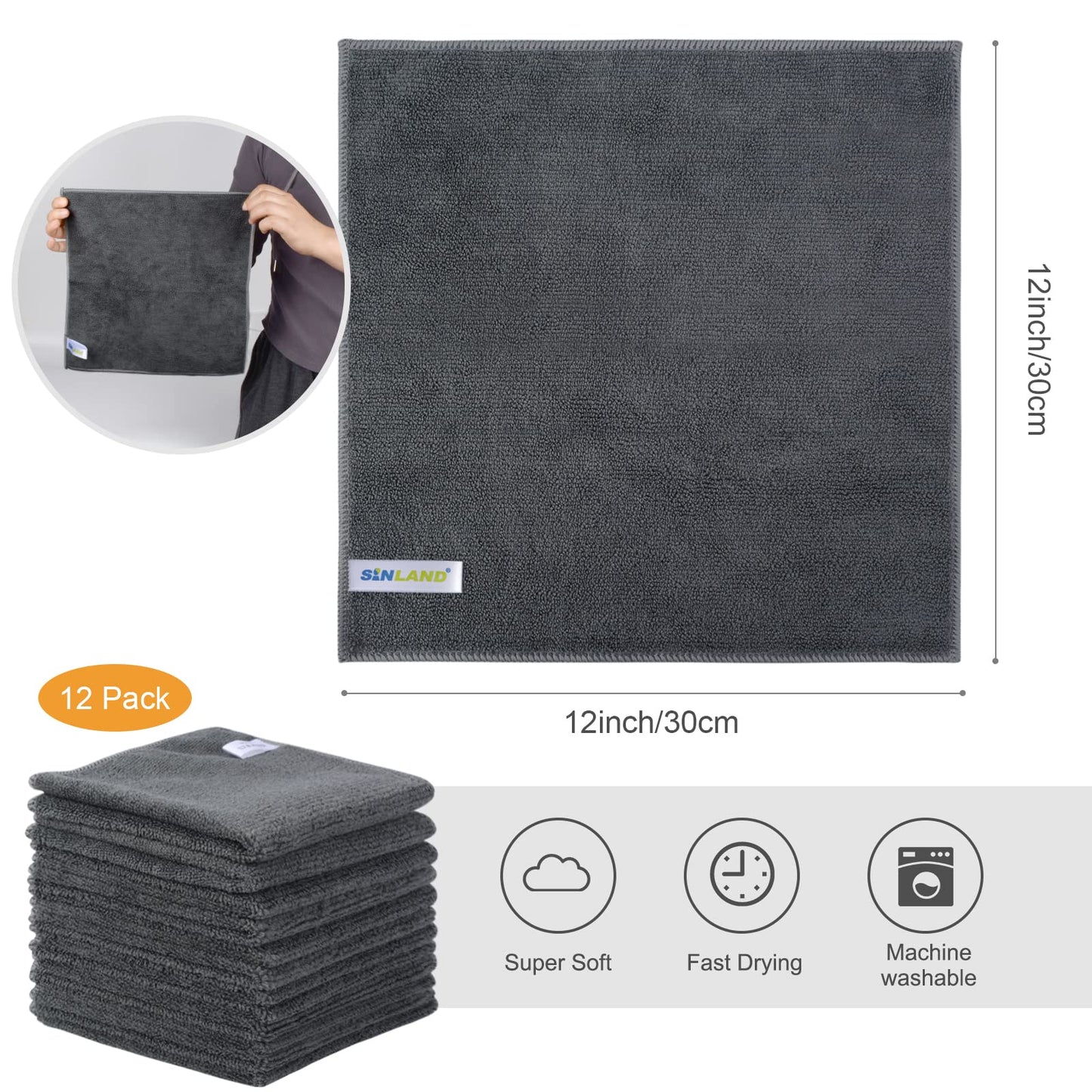 Sinland Microfiber Rag Absorbent Cleaning Cloth Kitchen Dish Cloth Quick Dry Streak Free Dish Rags Glass Cloths 12Inchx12Inch 12