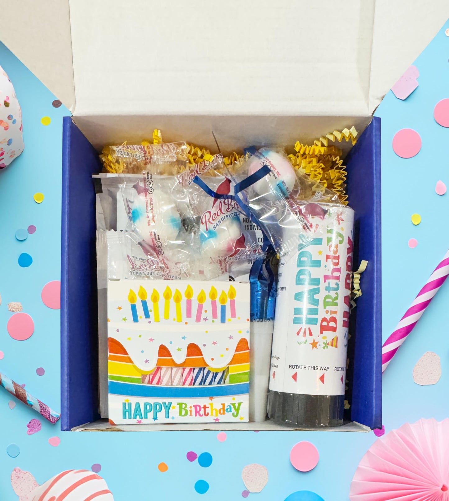 Golden Gift Box Birthday Treat Box with Mug Cake Kit, Confetti Color, 1 Unit, Complete Gift Set with Candles and