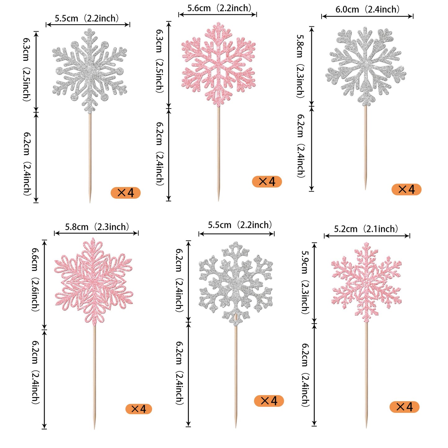YCTHUNFISH 24 Pack Cupcake Toppers Glitter Snowflake Decorations, Pink & Silver, Paper, Ideal for Winter Parties and Baby Showers