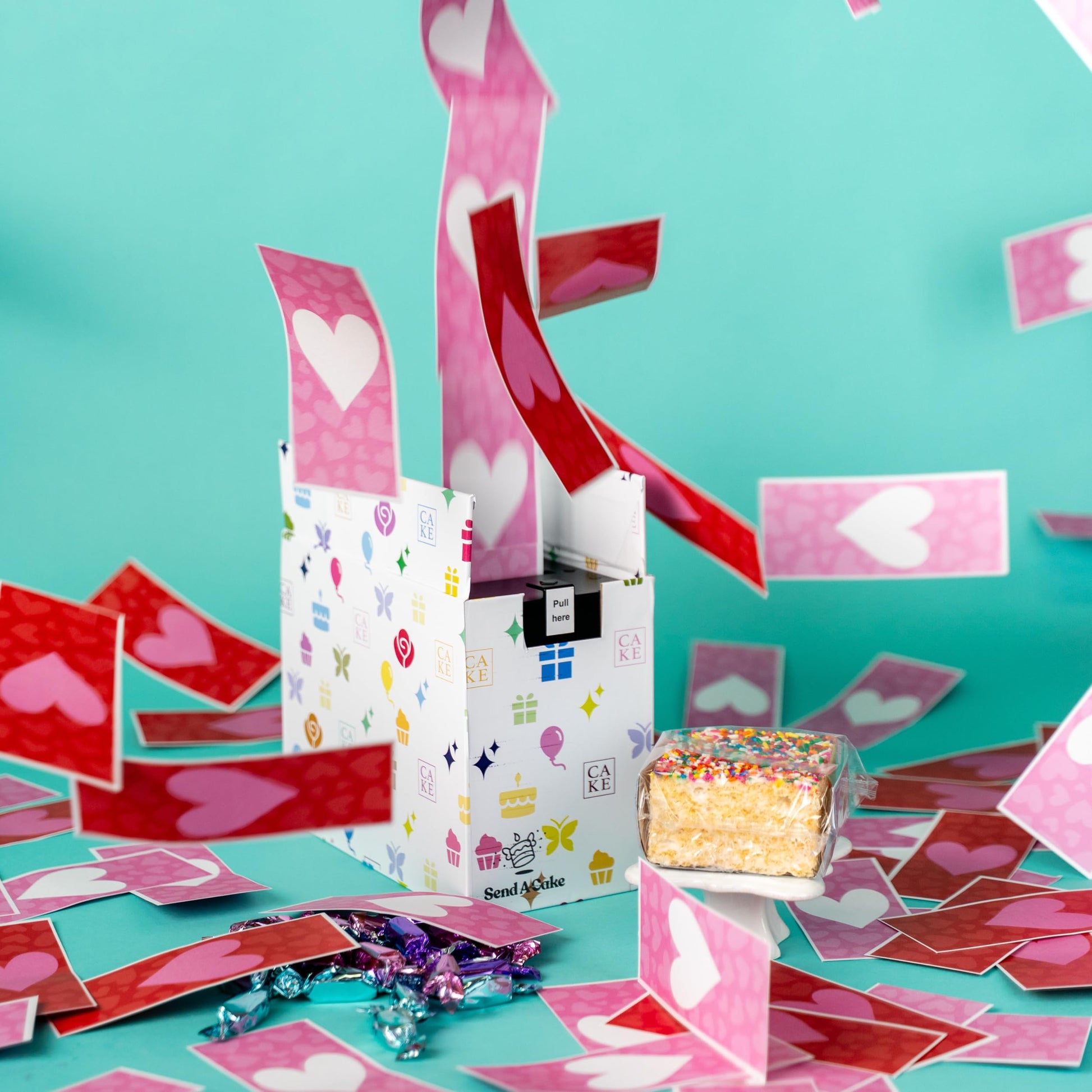 Celebration Love Shower Gift Box By Send A Cake Music Gift With 20 Foil-Wrapped Caramels & 3 Rainbow Sprinkle Crispy Cake – Ready-To-Gift, No Assembly, Birthday, Anniversary, Or Celebration Gift For Women, Men & Kids