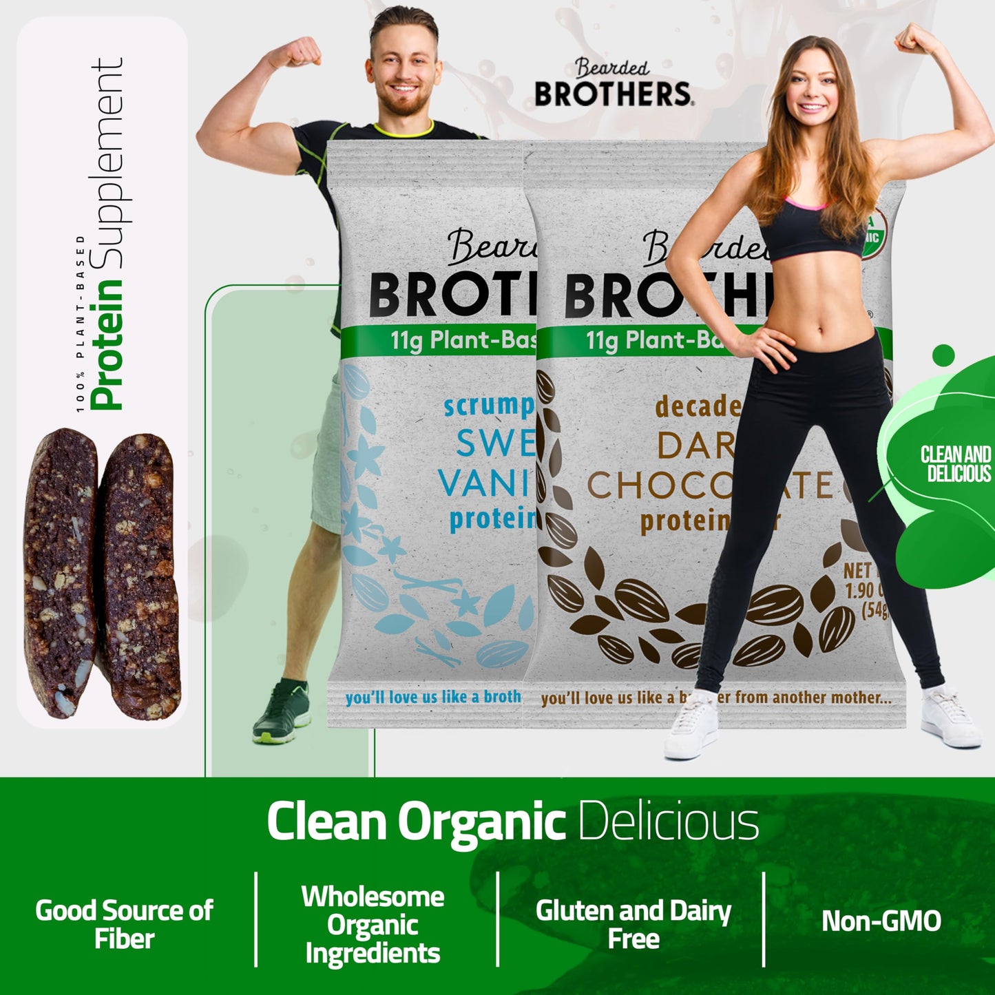 Bearded Brothers Organic Protein Bars, Dark Chocolate And Vanilla (10 Pack) - Plant Based Protein, Gluten Free, Vegan