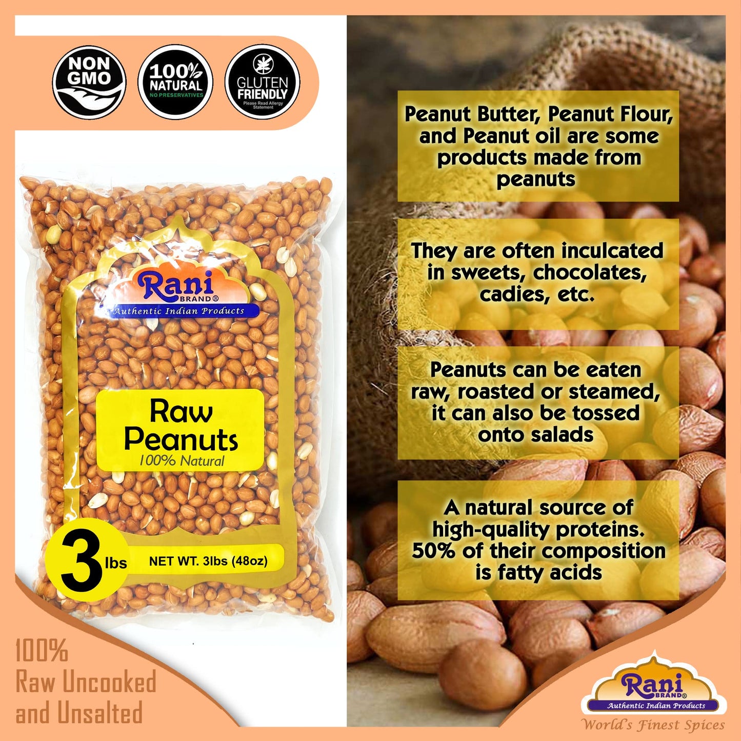 Rani Peanuts, Raw Whole With Skin (uncooked, unsalted) 48oz (3lbs) 1.36kg Bulk ~ All Natural | Vegan | Kosher | Gluten Friendly