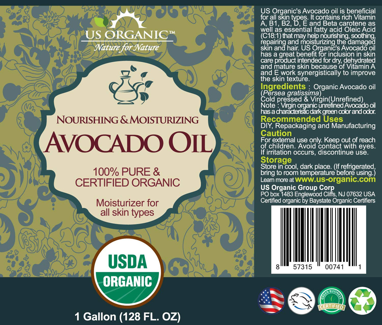 US Organic Avocado Oil Unrefined Virgin, 128 Fl Oz, USDA Certified Organic, Cold Pressed, Dark Green, Model AVOL128