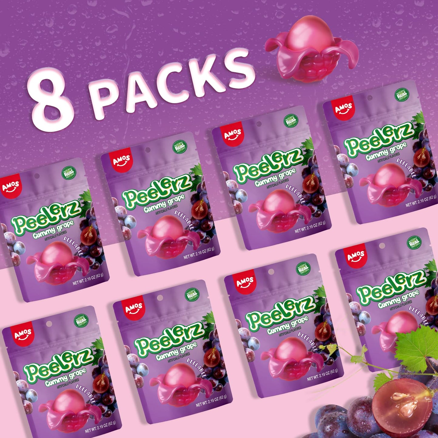 Amos Peelerz Gummy Candy Grape, Amos 4D Gummies Peelable Candy Resealable 2.19Oz Bag (Pack Of 8)