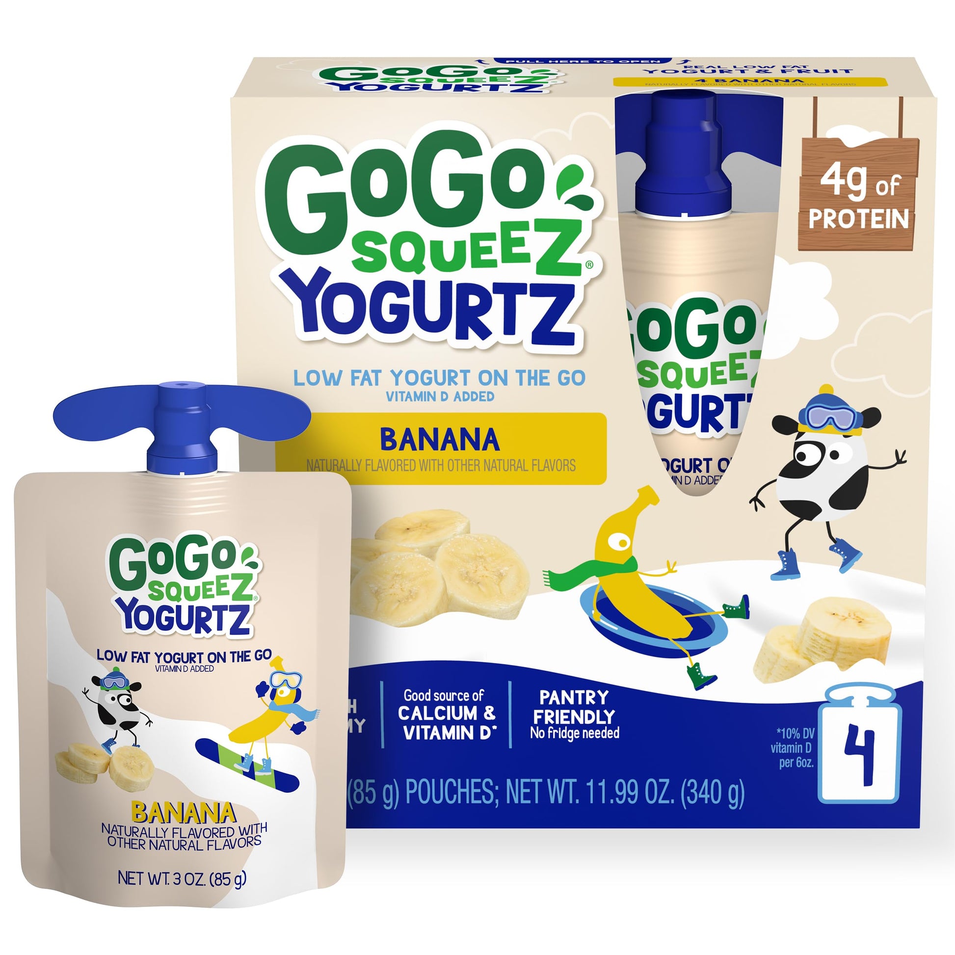 GoGo SqueeZ YogurtZ Kids Snacks, Banana, 3 oz (Pack of 4), Gluten Free, BPA Free Pouches