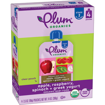 Plum Organics Stage 2 Organic Baby Food - Apple, Raspberry, Spinach, and Greek Yogurt - 3.5 oz Pouch (Pack of 4) - Organic Fruit