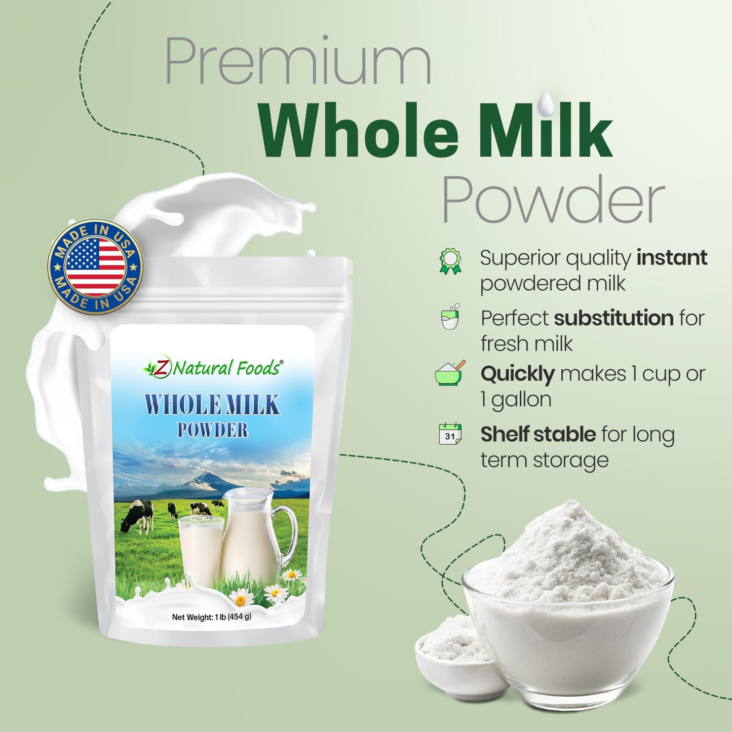 Z Natural Foods Whole Milk Powder - Non-GMO, Gluten-Free, Kosher - 16 Ounce