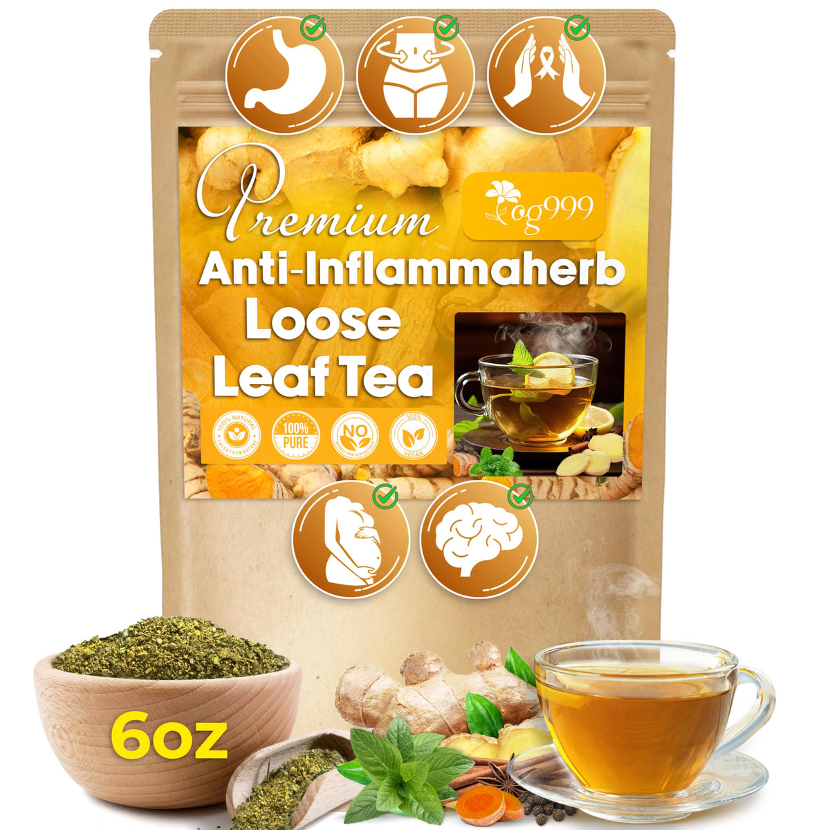 Tog999  6Oz Anti-Inflammaheb Loose Leaf Tea | 100% Natural Blend Of Flavor Blendger  Turmeric  Peppermint  Black Pepper & Cinnamon | Energy Blend-Free  Sugar-Free  Gluten-Free  Vegan  Handcrafted
