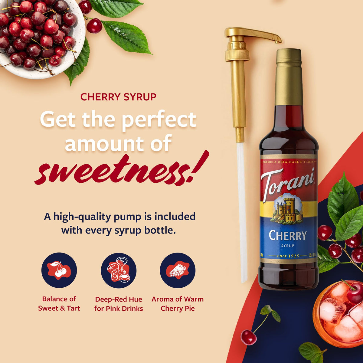 Torani Cherry Syrup For Drinks, Flavoring For Iced Tea, Lemonade, And Sodas, Pump Included, 25.4 Oz