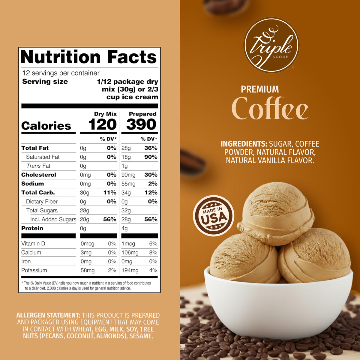 Triple Scoop Premium Coffee Ice Cream Mix - Easy 2 Quart Maker, Real Colombian Coffee, 1 Box (12.7 oz)