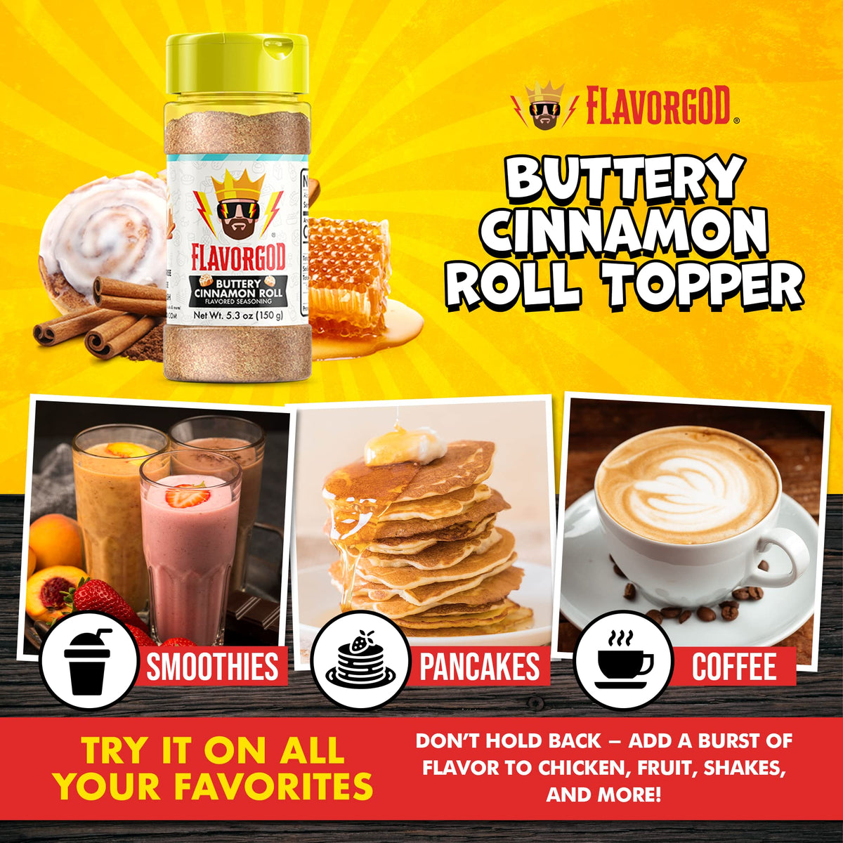 Flavor God Buttery Cinnamon Roll Topper Mix Pack Of 3, Natural Healthy Topper For Donuts Bread Oatmeal Pancakes Sandwiches, Frui
