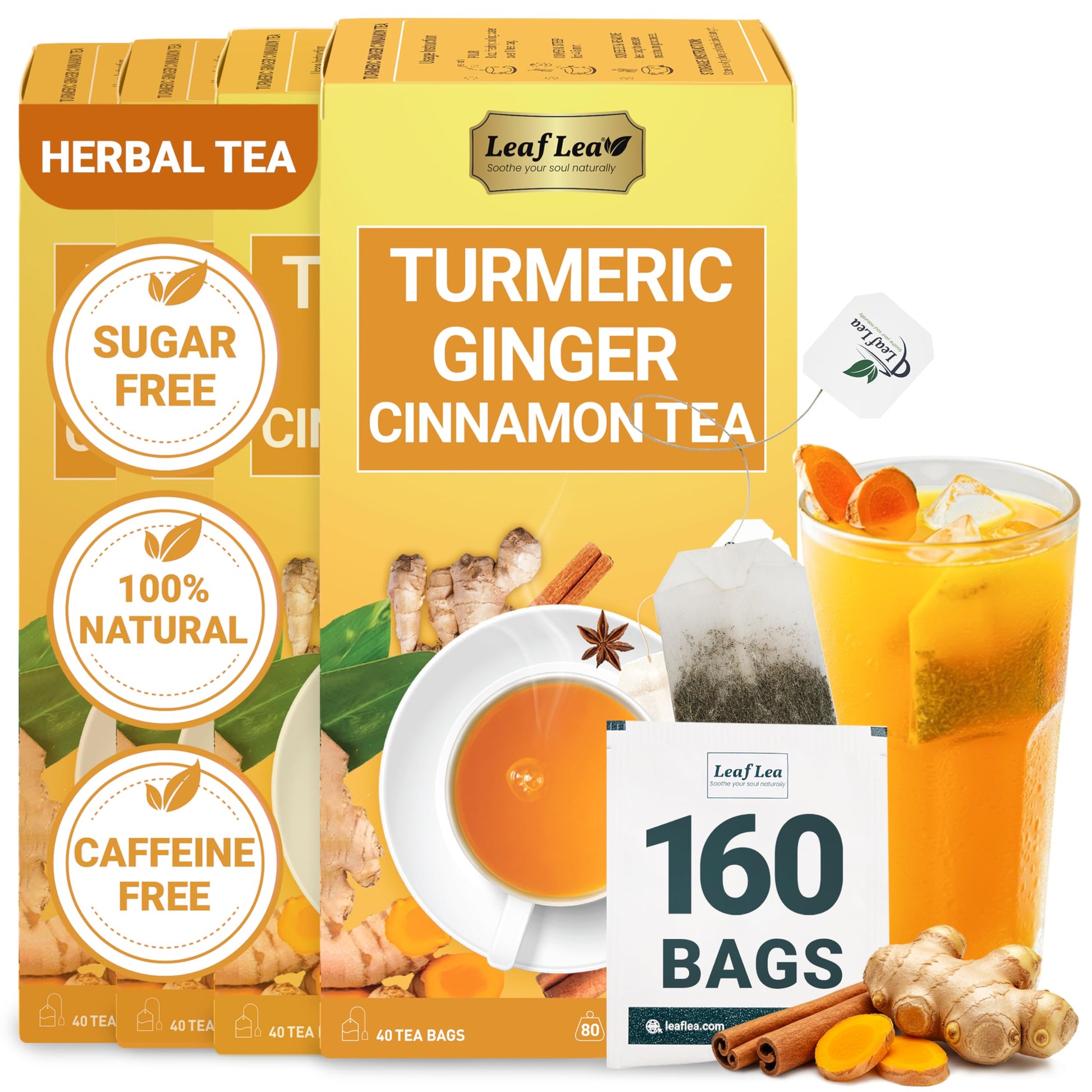 LeafLea Ginger Turmeric Tea Bags, 100% Natural Herbal Blend, Caffeine-Free, 160 Bags (Pack of 4)