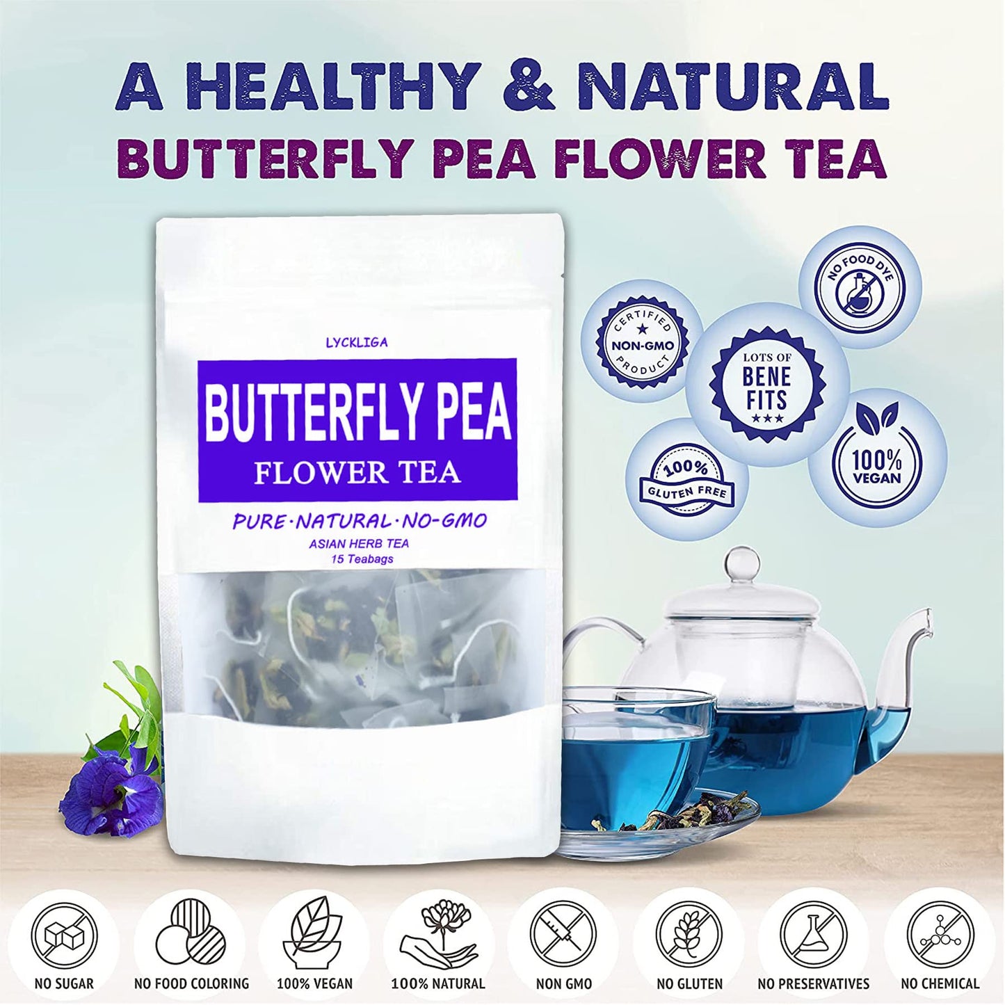 LYCKLIGA Butterfly Pea Flower Tea - 15 Premium Dried Tea Bags, Antioxidant Blue Tea for Drinks