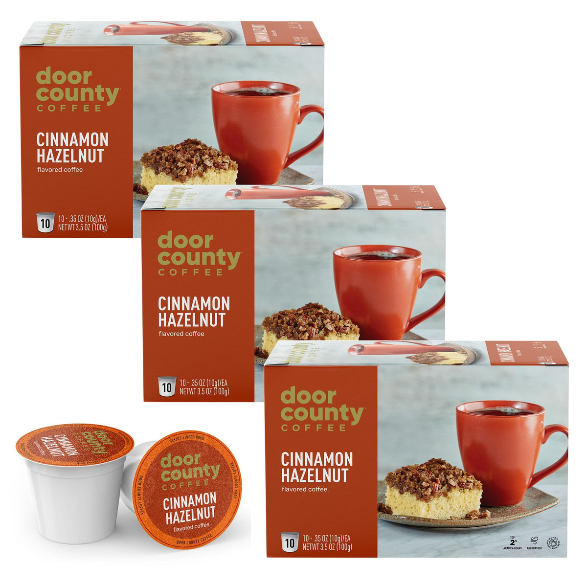 Door County Coffee - Cinnamon Hazelnut, Cinnamon Hazelnut Flavored Ground Coffee - Medium Roast, Single Serve Cups - 30 Count