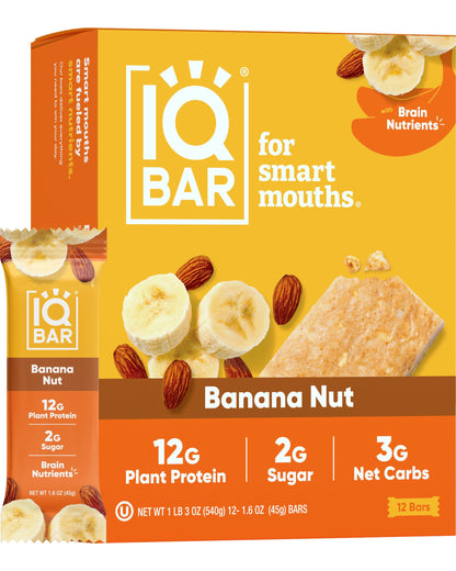 IQBAR Brain and Body Plant Protein Bars - Banana Nut - 12-Count Low Carb - Gluten Free, High Fiber, Vegan Snacks - Low Sugar Mea