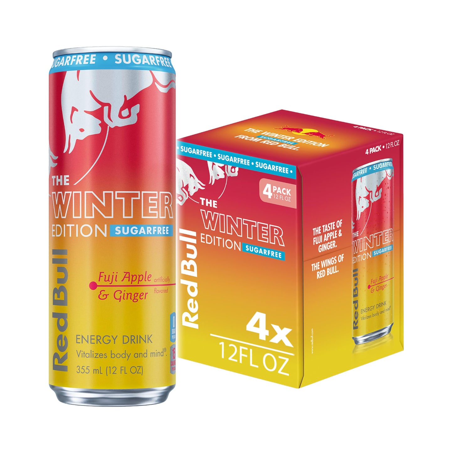Red Bull Winter Edition Sugarfree Energy Drink  Fuji Apple & Ginger  12 fl. oz.  Pack of 4 cans  with 114mg Caffeine  Taurine & B Vitamins