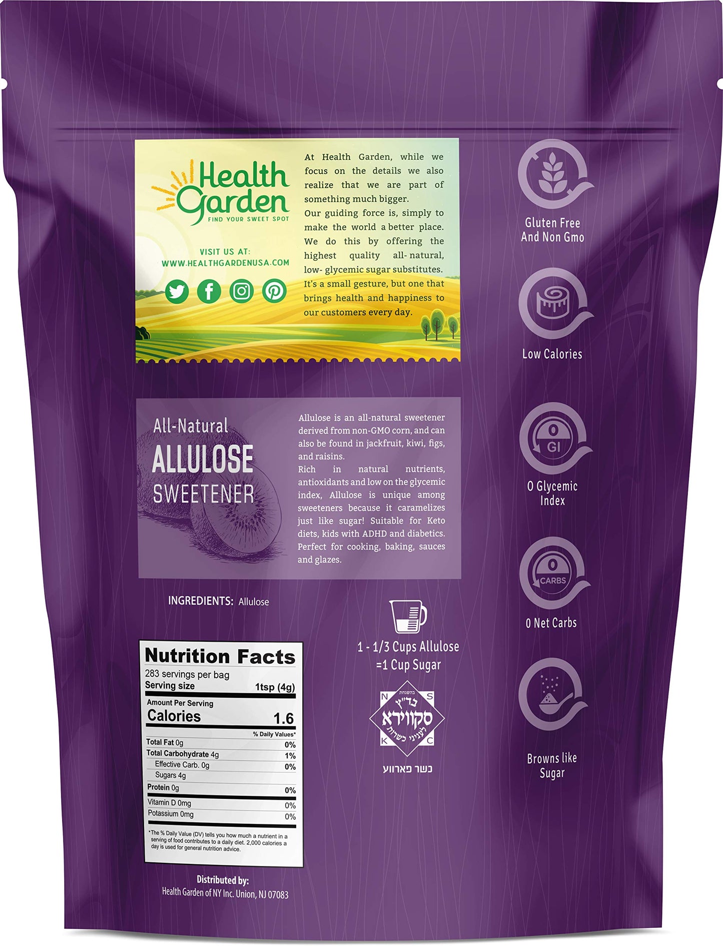 Health Garden Allulose Sweetener - Gluten and Sugar Free - Zero Net Carb - Non GMO - Kosher - Keto Friendly (2.5 LB)