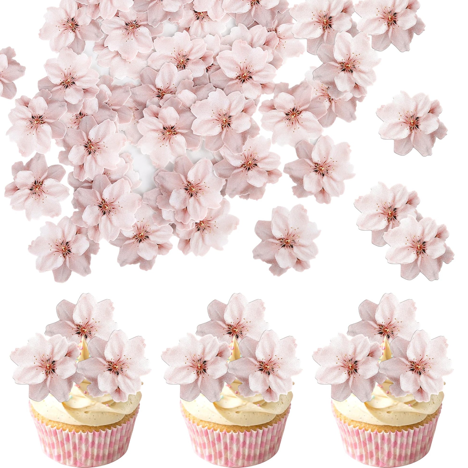 YCTHUNFISH Edible Cherry Blossom Cupcake Toppers - 40 Pack, Light Pink, Rice Paper Wafer Picks for Cake Decorations