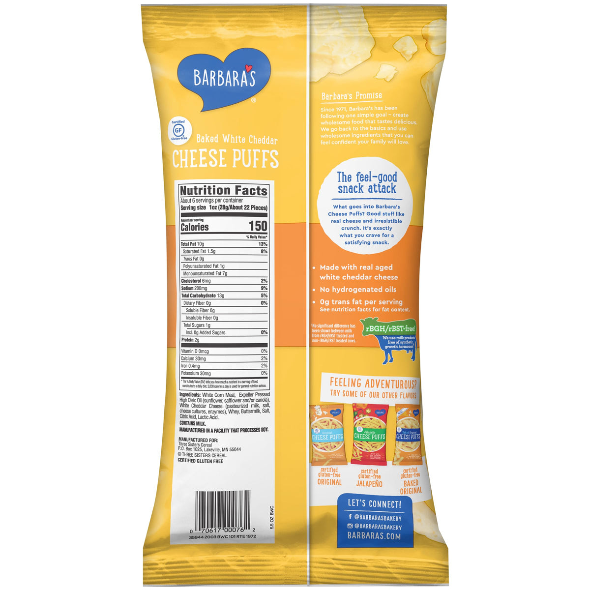 Barbaras Baked White Cheddar Cheese Puffs, White Cheddar Puffs Kids Snack, Gluten Free Snack, 5.5 OZ Bag