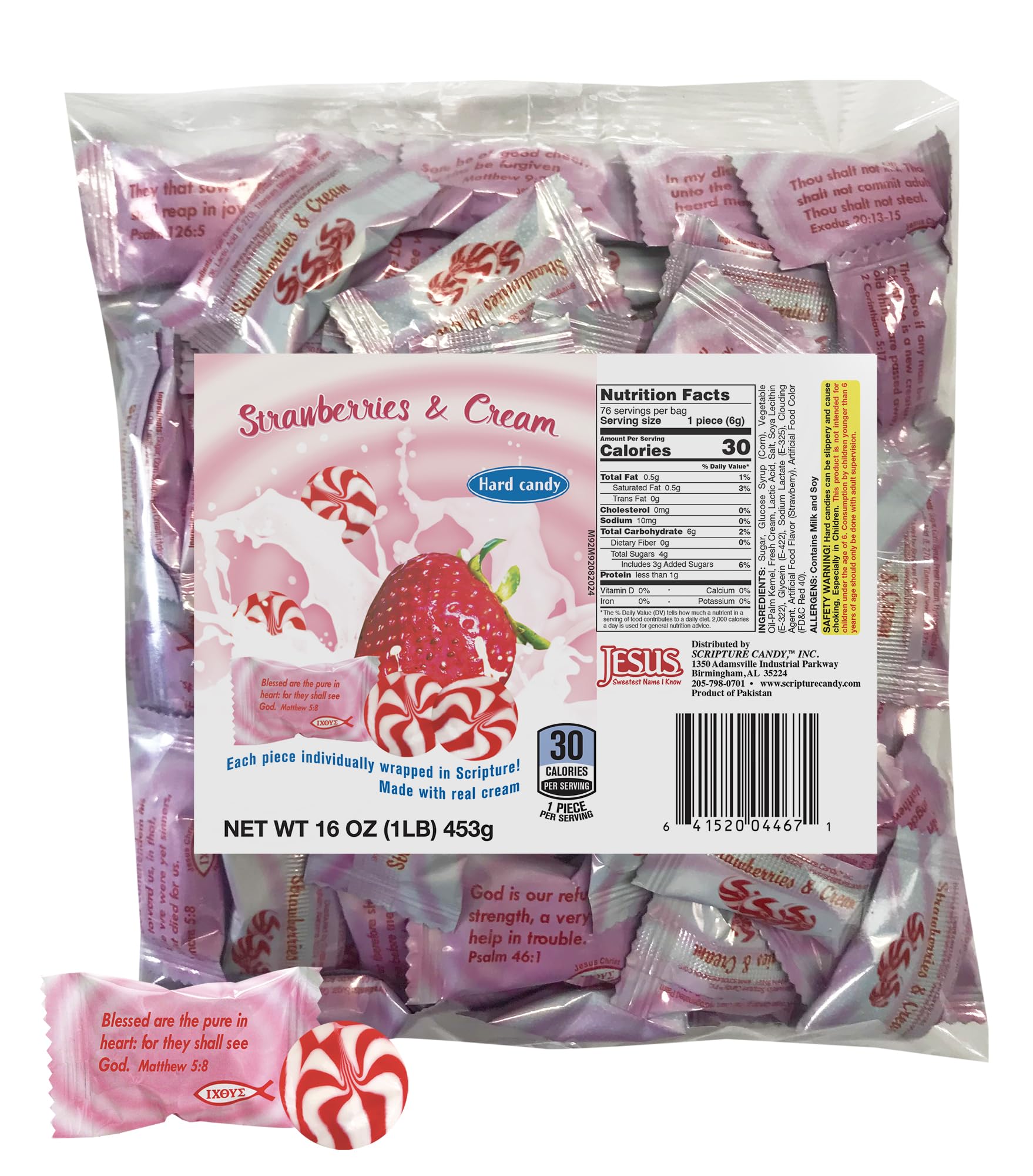 Scripture Candy, Strawberries & Cream Hard Candy 1 Pound Bag, 75 Pieces
