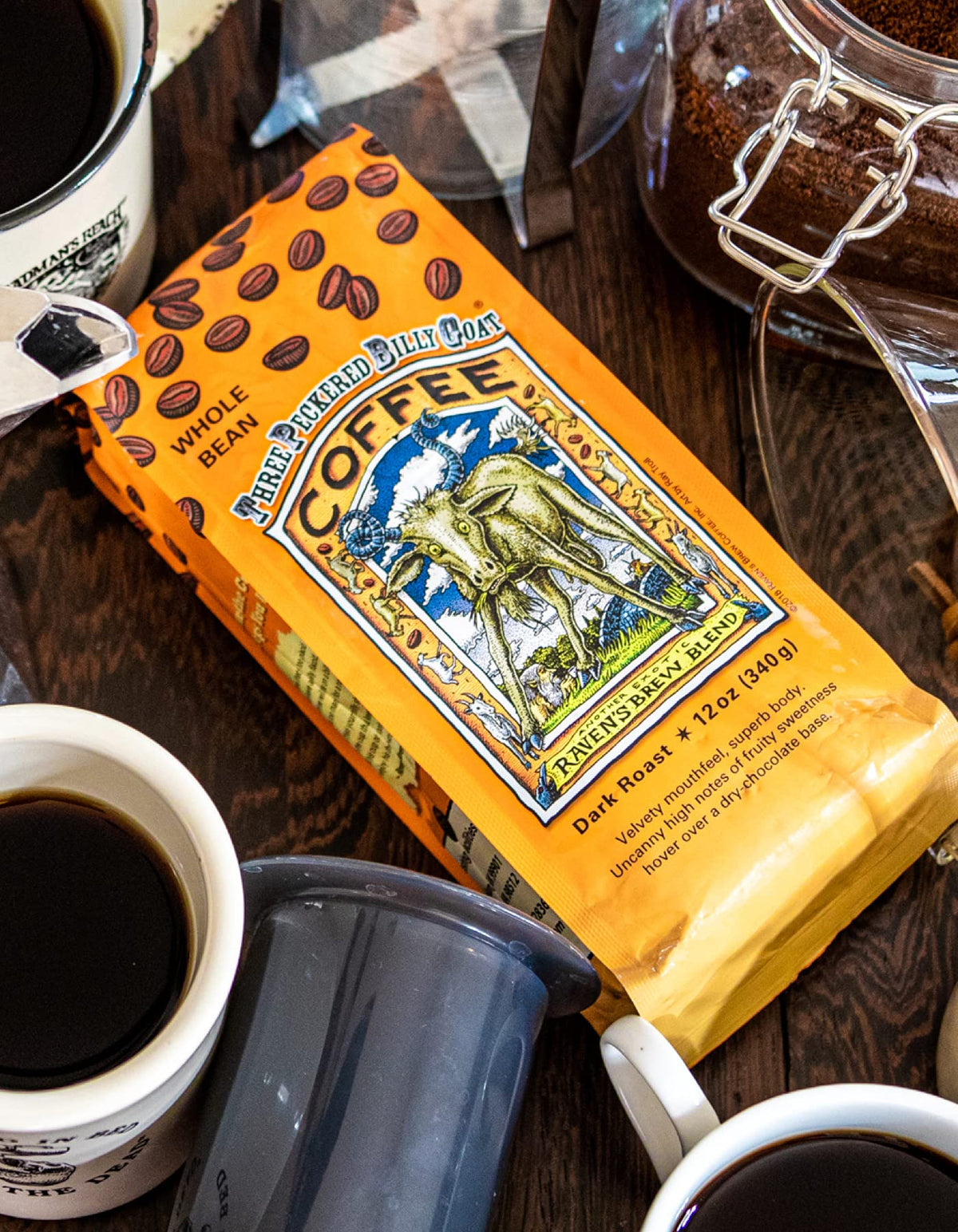 Ravens Brew Coffee Whole Bean Dark Roast 3 Peckered Billy Goat Blend 12 Ounce (Pack of 2)
