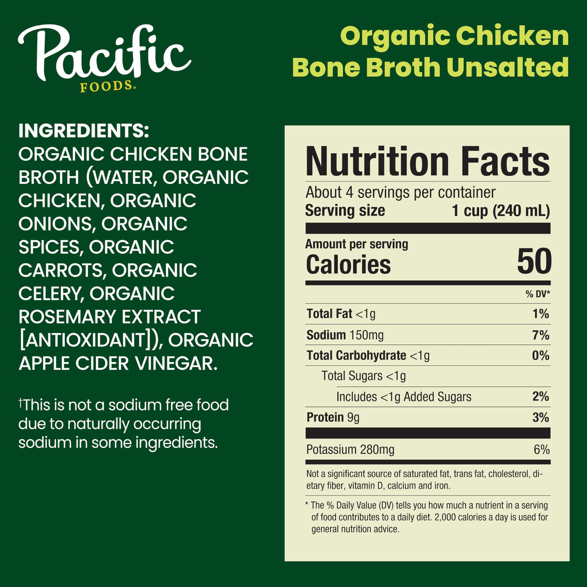 Pacific Foods Organic Chicken Bone Broth, Unsalted, 32 oz Carton