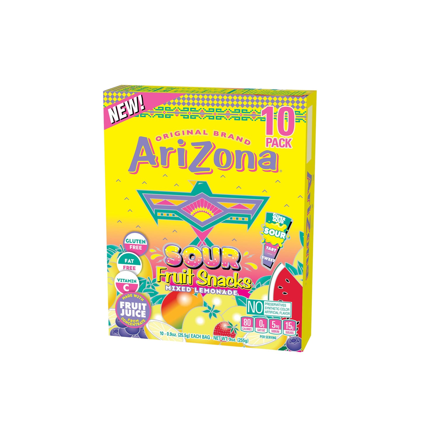 Arizona Fruit Snacks, Sour Lemonade - 10 Boxes Of 10 Ct. 0.9Oz Bags (Total 100 Ct. 0.9Oz Bags) - Gluten Free - Gummy Chews