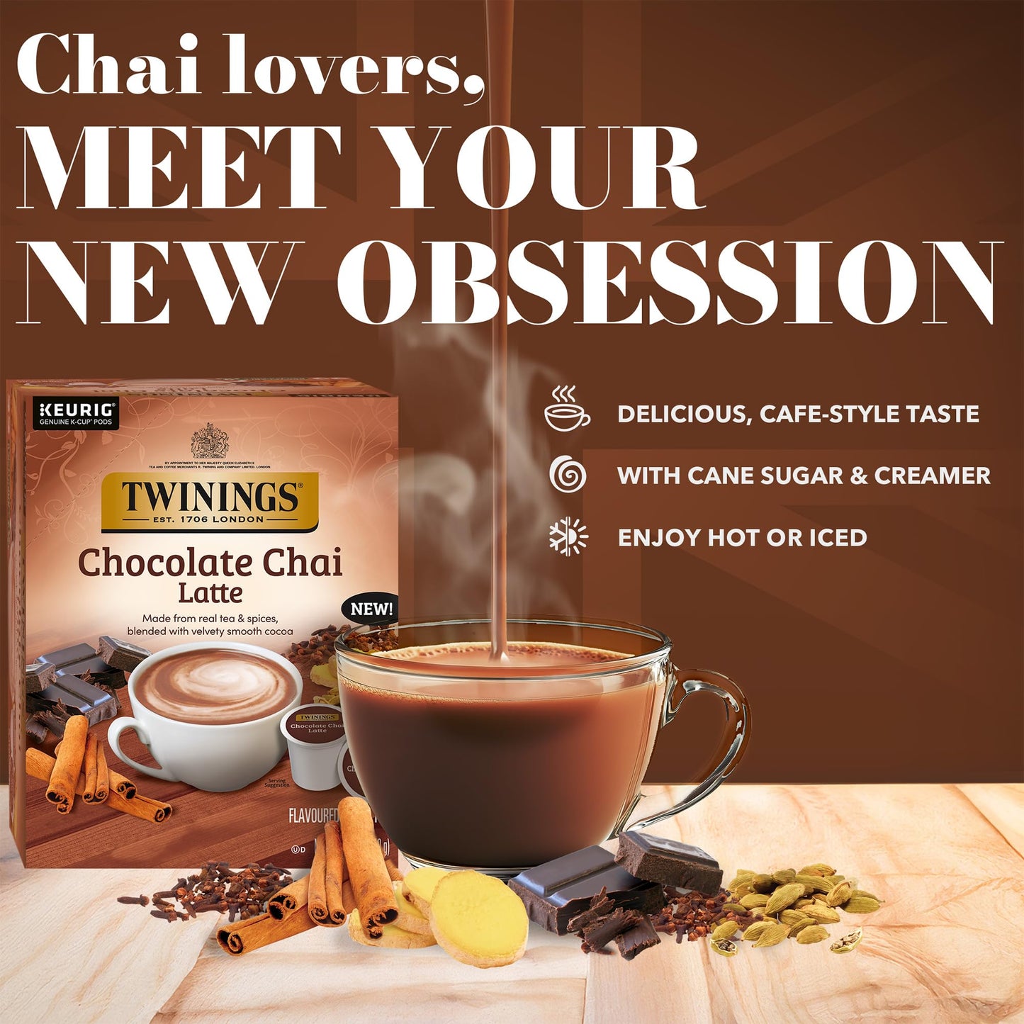 NEW Twinings Chocolate Chai Latte Tea 60 K-Cup Pods for Keurig, 10 Count (Pack of 6), Velvety Smooth Cocoa with Real Spiced Tea,