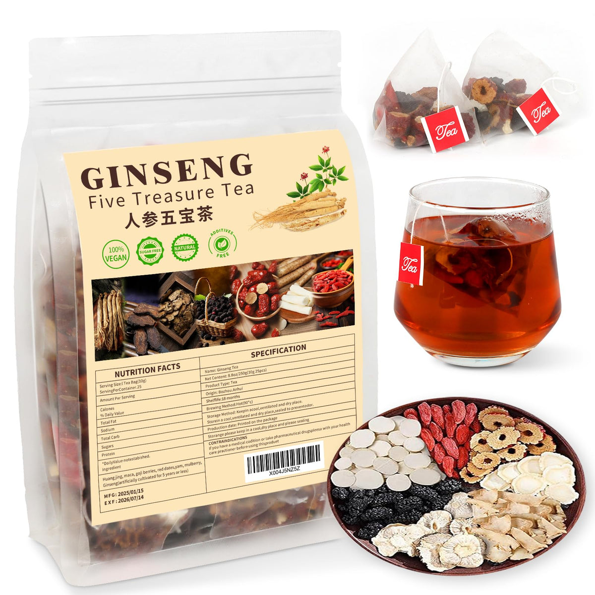 DELEIFCG Ginseng Tea Blend, 7 Ingredients Formula, 1 Pack of 25 Bags