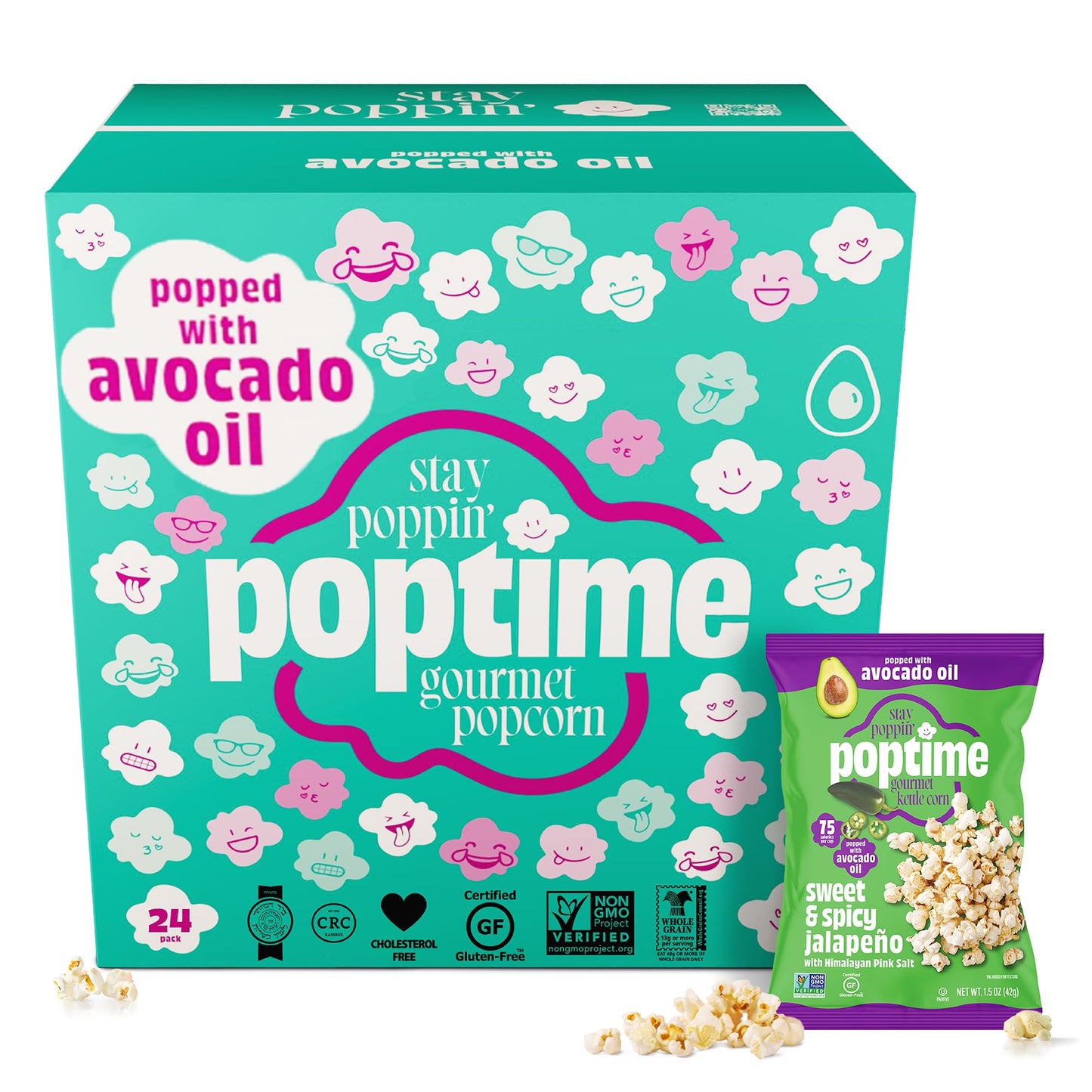 Poptime Kettle Corn Popcorn Bags Individual Servings - Sweet & Spicy Jalapeno & Himalayan Pink Salt Popcorn Individual Bags, Hea
