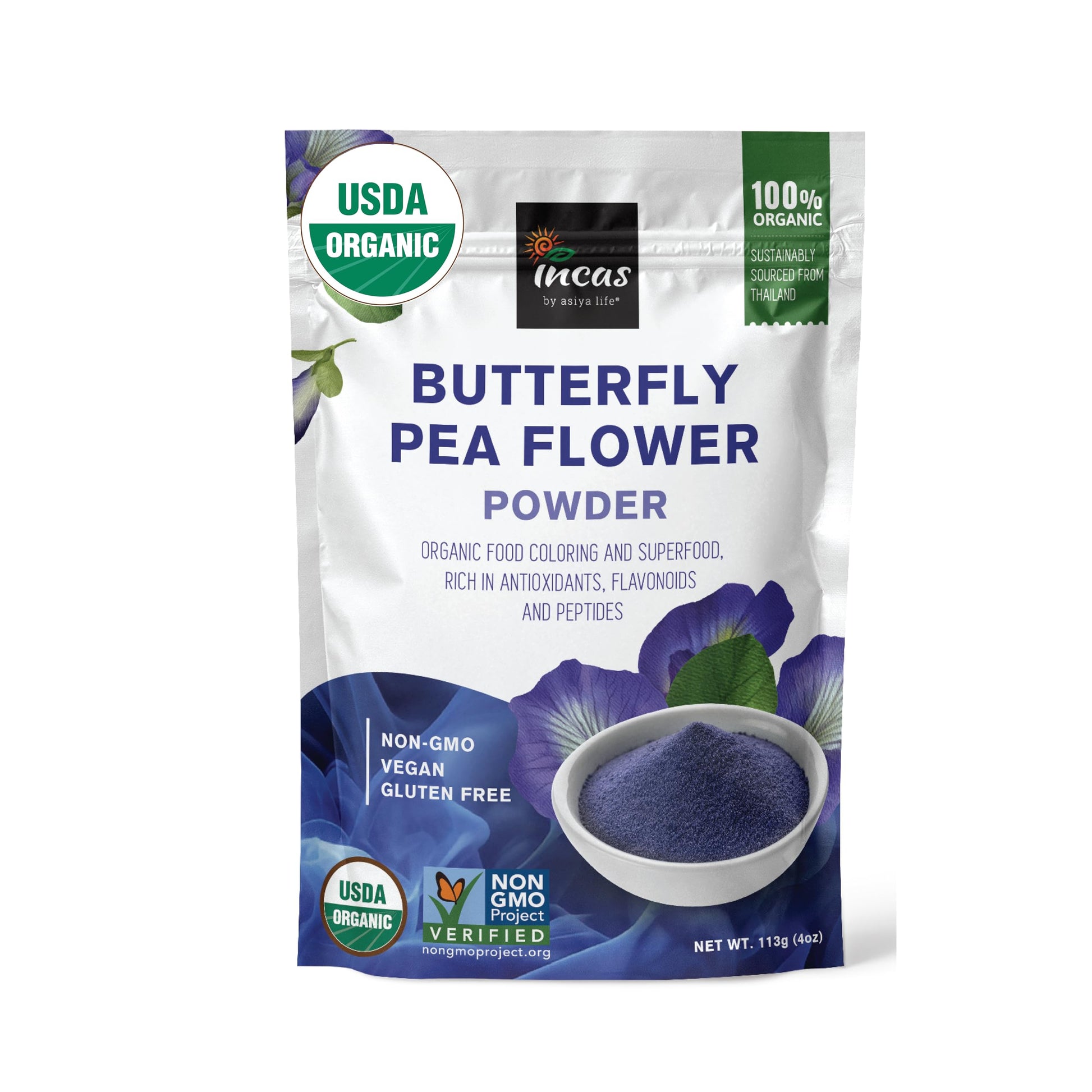 Incas 100% Usda Organic Butterfly Pea Flower Powder (4 Ounce) | Organic Blue Matcha Tea | Non-Gmo Verified Extract From Thailand